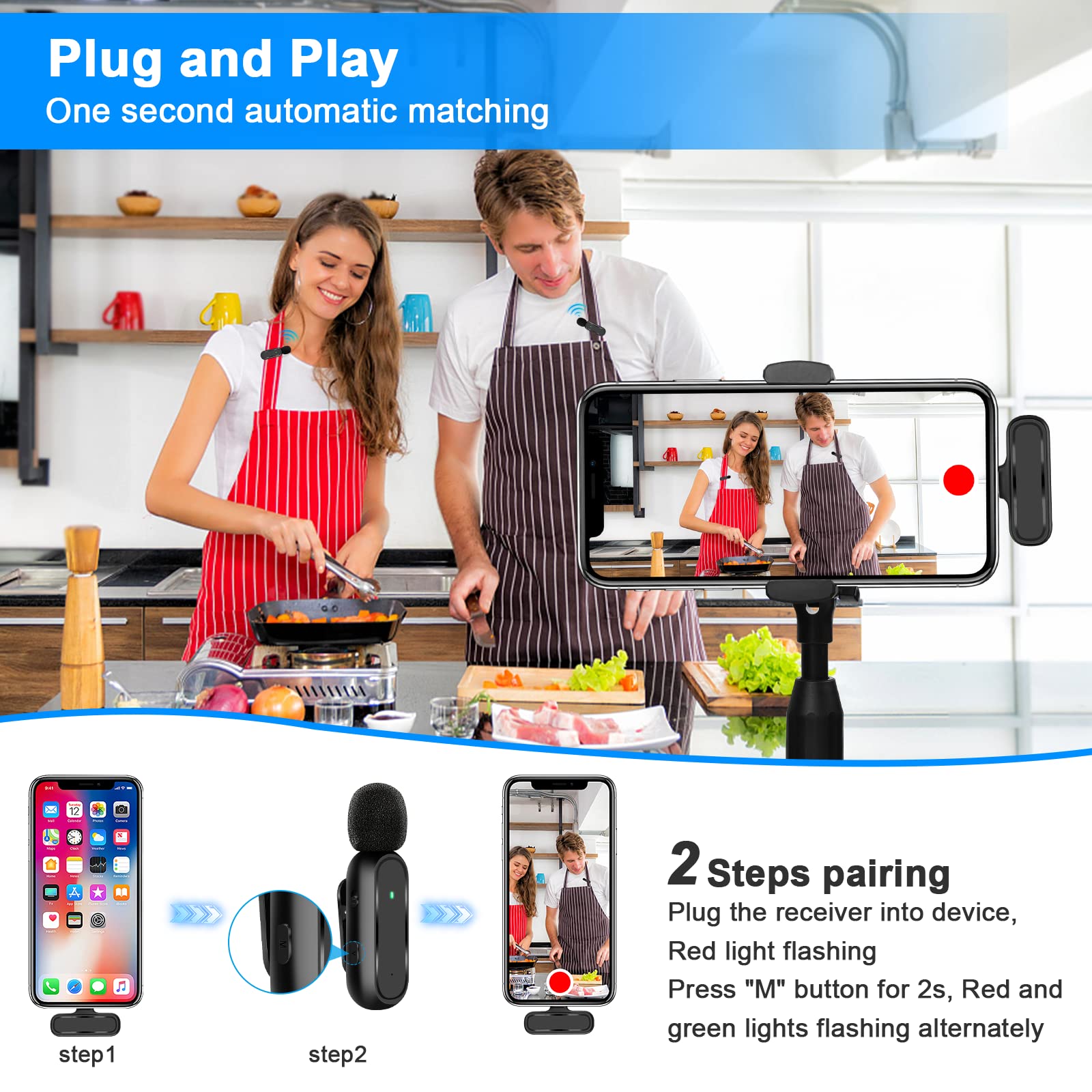 Micrófonos inalámbricos Lavalier JUSTFX Bluetooth reducción de ruido larga duración para iPhone/iPad