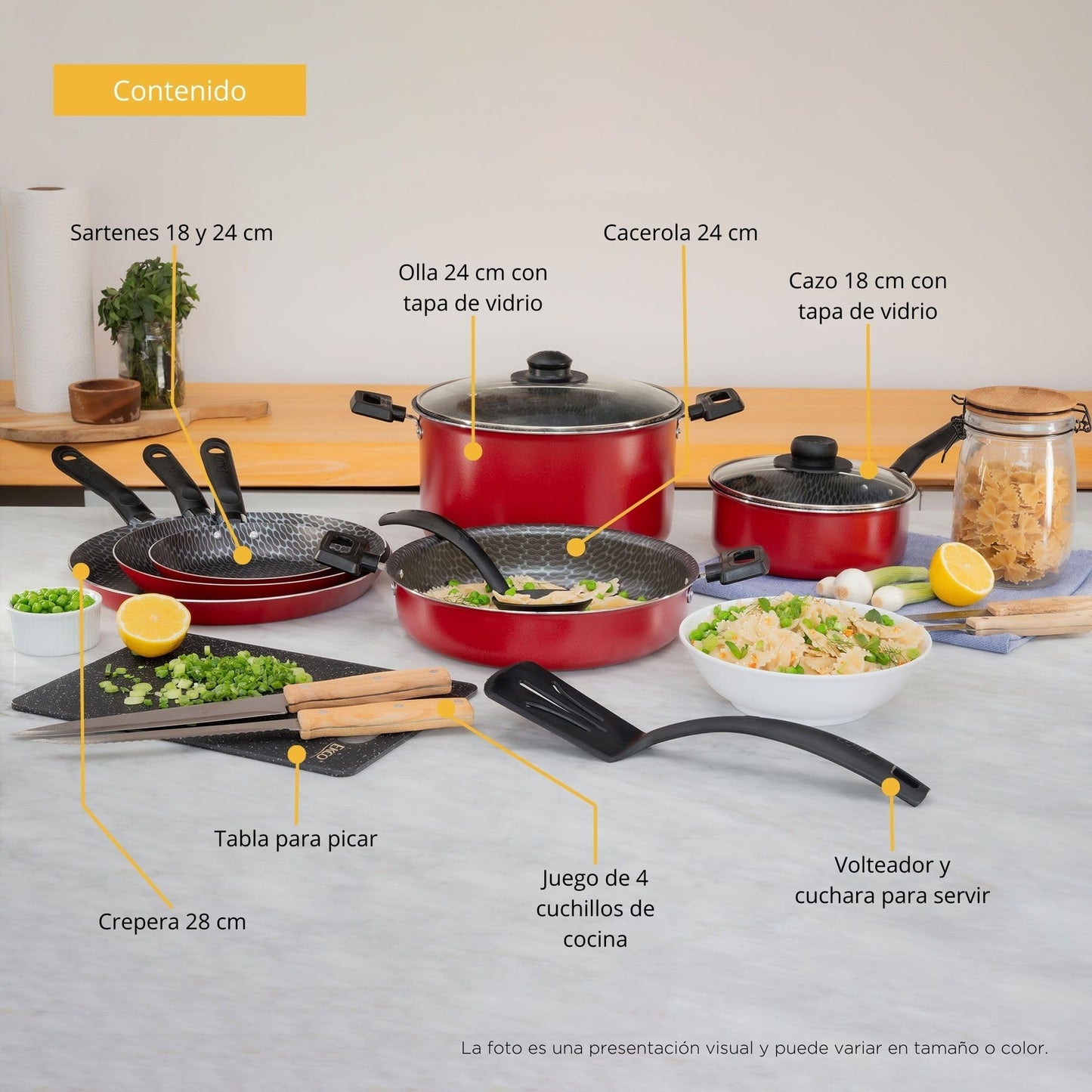 Ekco | Batería de Cocina con Antiadherente Classic 15 Piezas de Aluminio - Color Rojo