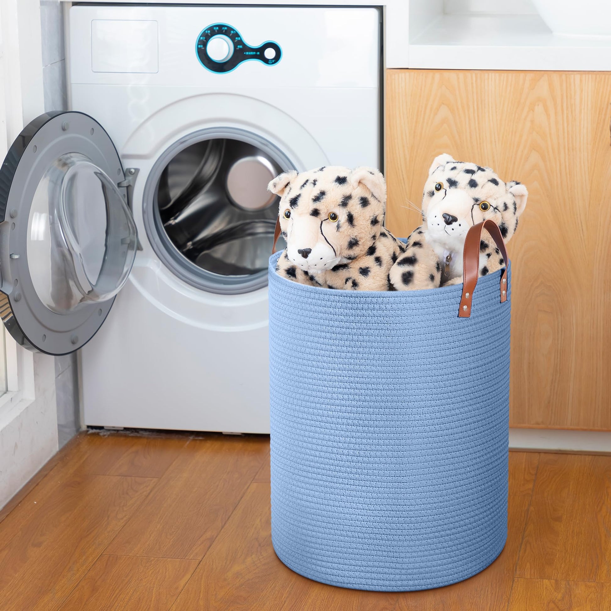 Wymulot - Cesta grande de cuerda de 80 l, cesta de almacenamiento de cuerda tejida con asas de piel, cesta de almacenamiento de juguetes para perros, recámara, almacenamiento de manta de guardería,