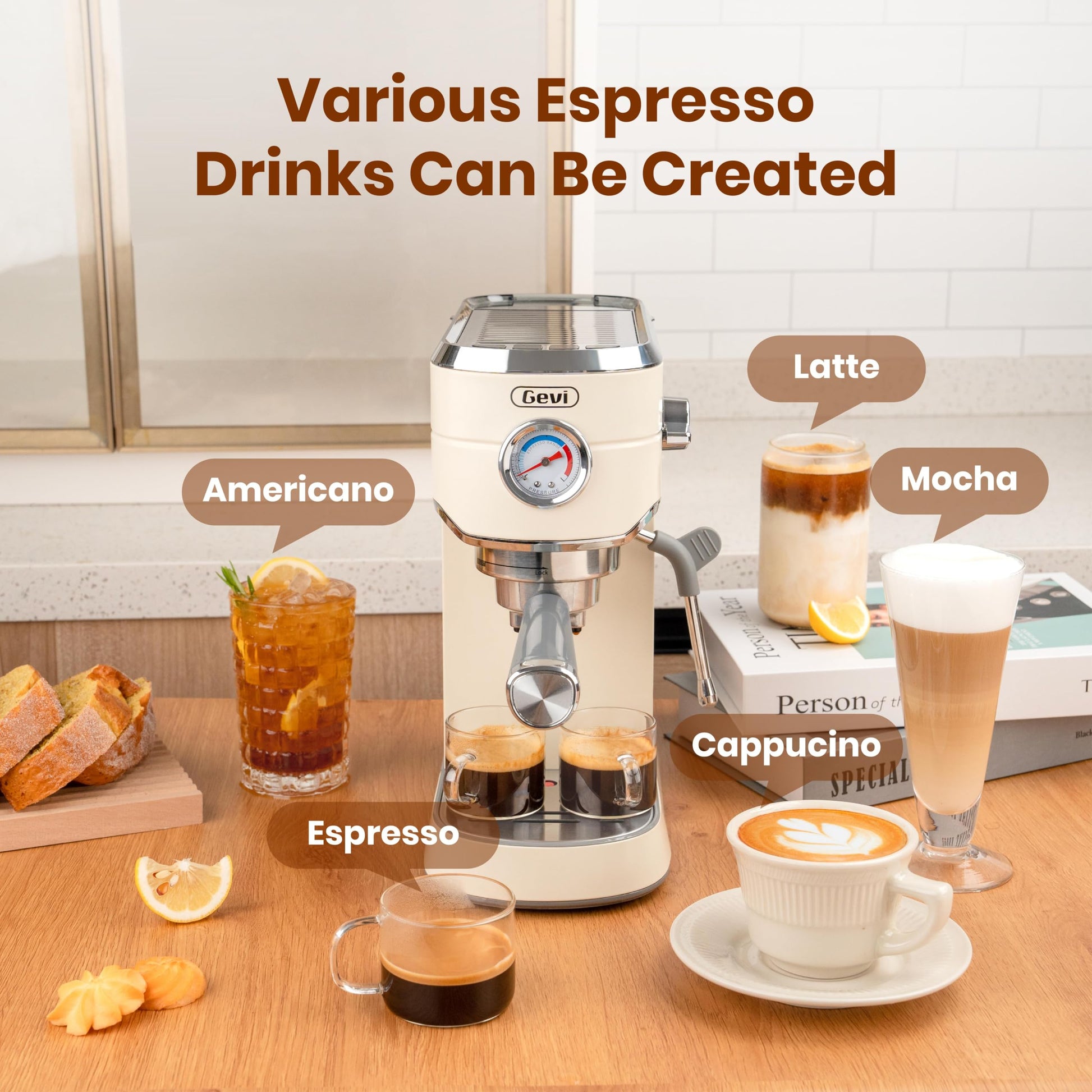 Gevi - Máquina de Espresso Profesional Compacta de 20 Bares Con Espumador de Leche Para Expreso, Latte y Capuchino Con 35 Ajustes Precisos de Molienda, Color Beige