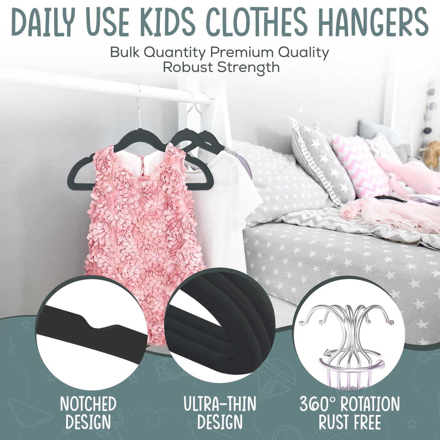 TechZoo - 50 Perchas para Ropa de Terciopelo para Niños de Alta Calidad, Antideslizantes de 14 Pulgadas, Ultra Delgadas, Ahorro de Espacio, Gancho Giratorio de 360°, Resistente y Duradero