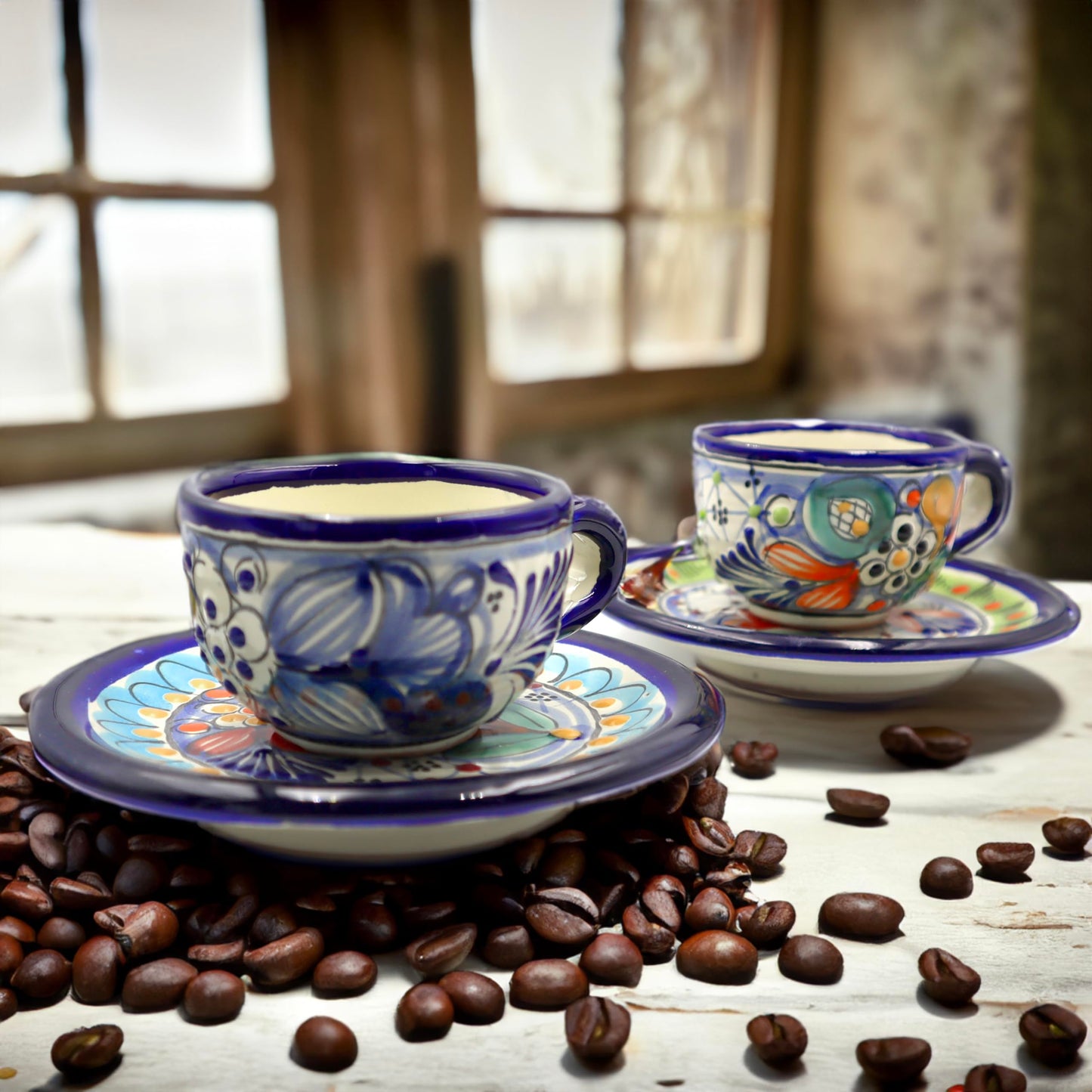 Juego de Tazas de Café Nubexpo Talavera Poblana Artesanía Mexicana Vajilla de 2 Piezas
