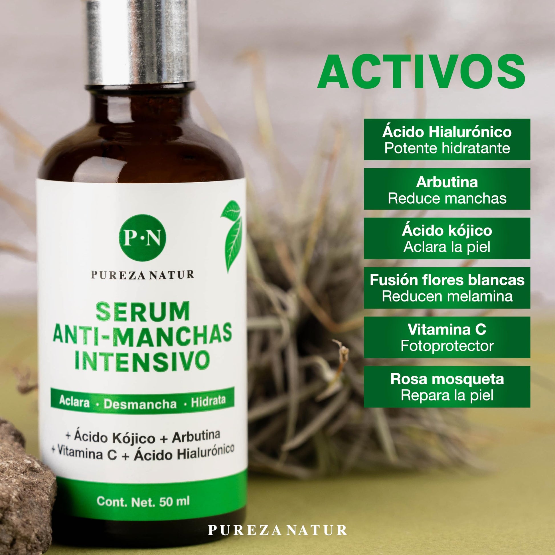 PUREZA NATUR Suero Facial aclarante intensivo para paño en cara y cuerpo + Acido Hialuronico facial + Vitamina C | Serum que Humecta y aclara la piel desvanece arrugas, manchas y repara cutis face repair skincare