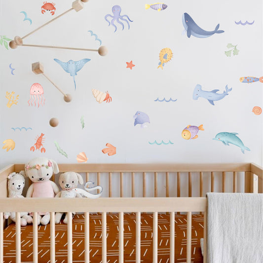 Calcomanía de Pared Ocean Animals Pulpo Tortuga Caballito de Mar para Cuarto de Bebé Decoración Náutica