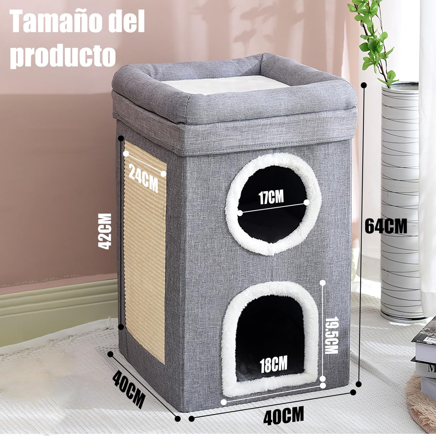 SDRO Cama para Gatos, 3 Niveles Nido para Gatos Plegable Nido para Gatos de Interior Viene con 2 Cojines Extraíbles y Rascador Agujeros para Gatitos, Gatos Grandes, Apartamentos para Mascotas(A)