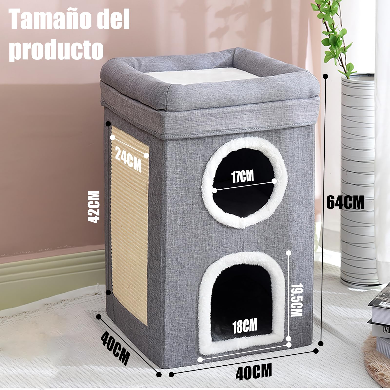SDRO Cama para Gatos, 3 Niveles Nido para Gatos Plegable Nido para Gatos de Interior Viene con 2 Cojines Extraíbles y Rascador Agujeros para Gatitos, Gatos Grandes, Apartamentos para Mascotas(A)