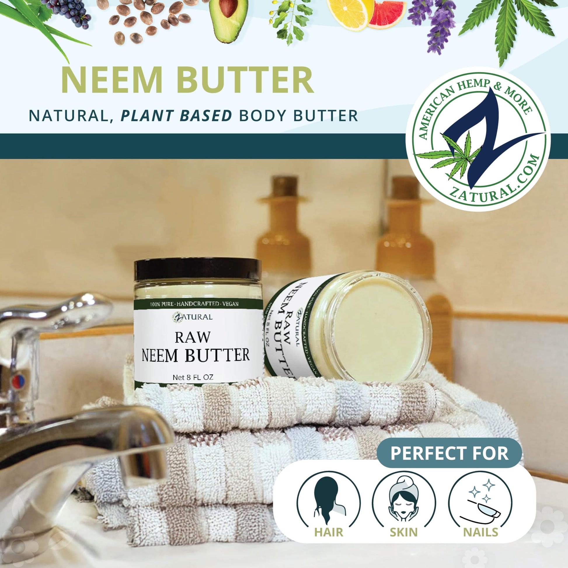 Naked Neem Organic Neem Butter with Organic Neem Oil, Extract and Leaf Calm Sensitive Skin, Itchy Skin and More Handcrafted in Small Batches, 8 oz.