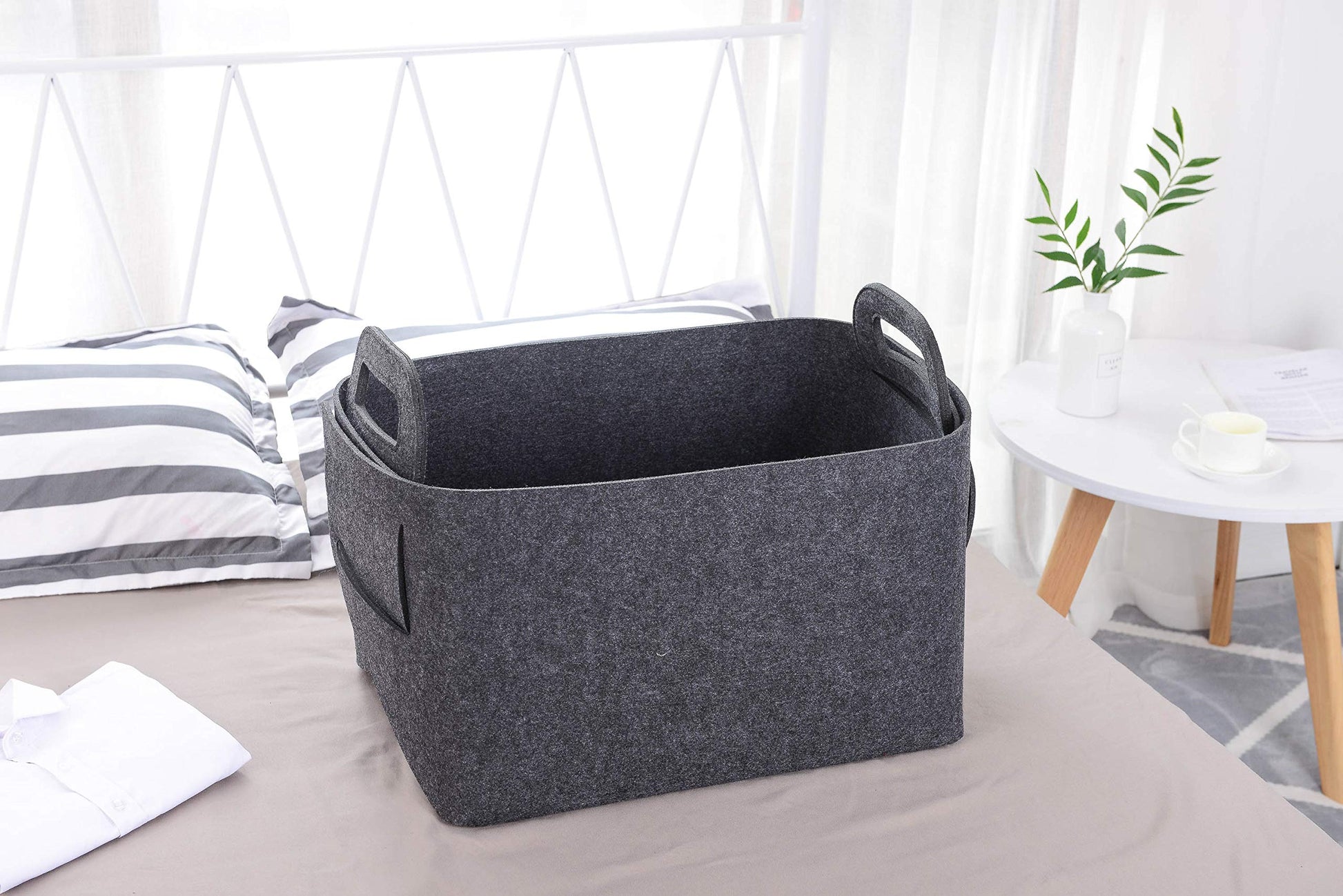 Cesta de almacenamiento de fieltro plegable y conveniente organizador con asas de transporte para oficina, recámara, clóset, bebé, juguetes de guardería, lavandería (gris oscuro, 18 pulgadas de largo