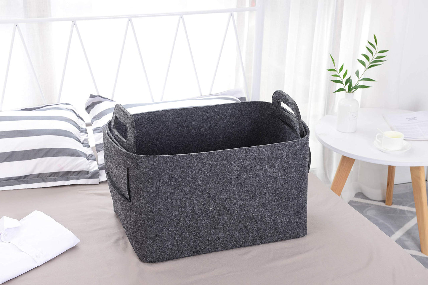 Cesta de almacenamiento de fieltro plegable y conveniente organizador con asas de transporte para oficina, recámara, clóset, bebé, juguetes de guardería, lavandería (gris oscuro, 19.8 pulgadas de