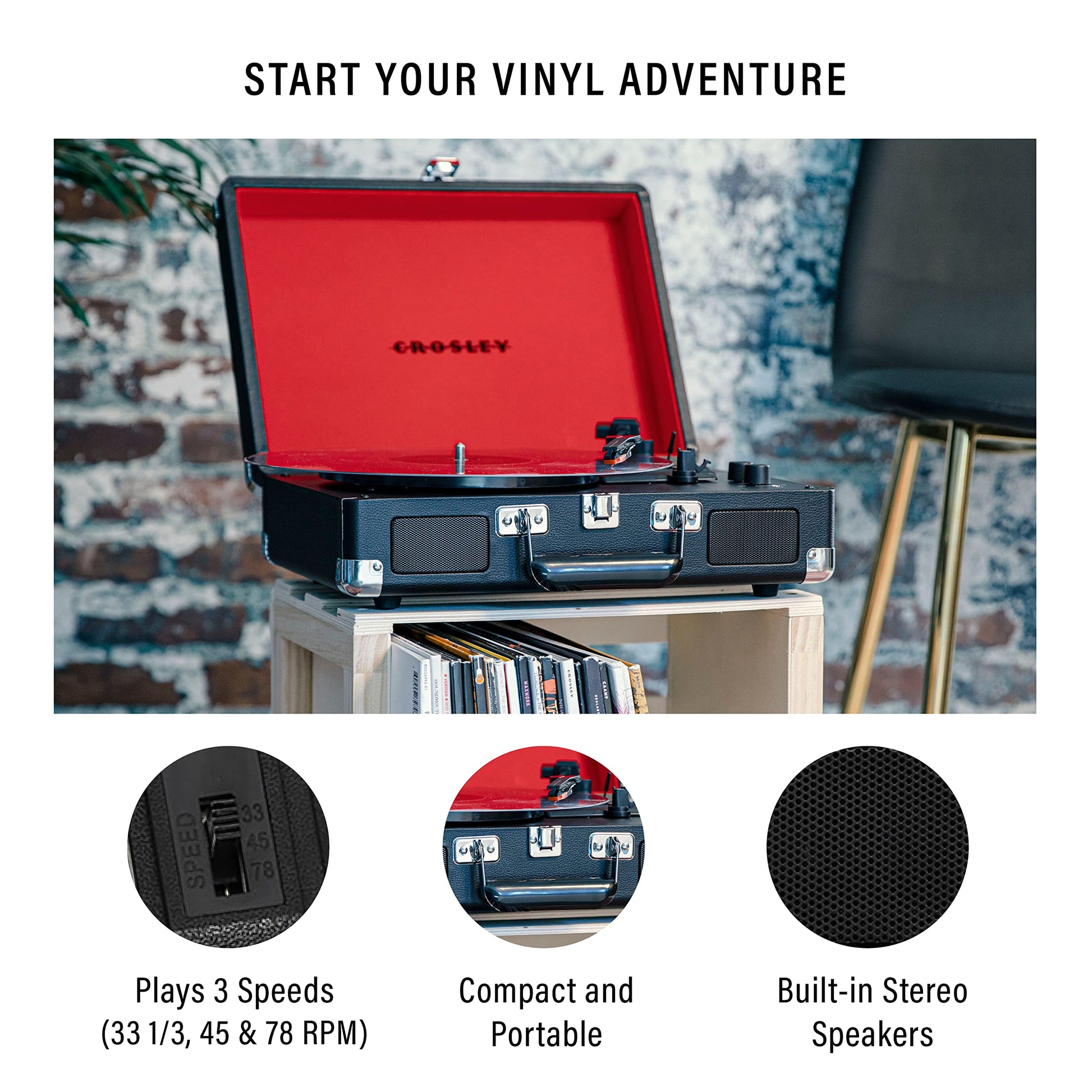 Crosley CR8005F-BK Cruiser Plus - Tocadiscos de Vinilo con Bluetooth de 3 velocidades, Color Negro y Rojo