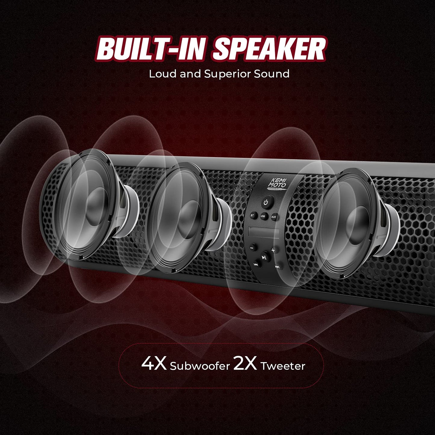 Barra de sonido Kemimoto UTV de 28 pulgadas, 2X altavoz de agudos y 4X subwoofer compatible con Bluetooth barra de sonido compatible con Polaris RZR Can-Am X3 Defender CFMOTO para jaula de 1.5 a 2.25