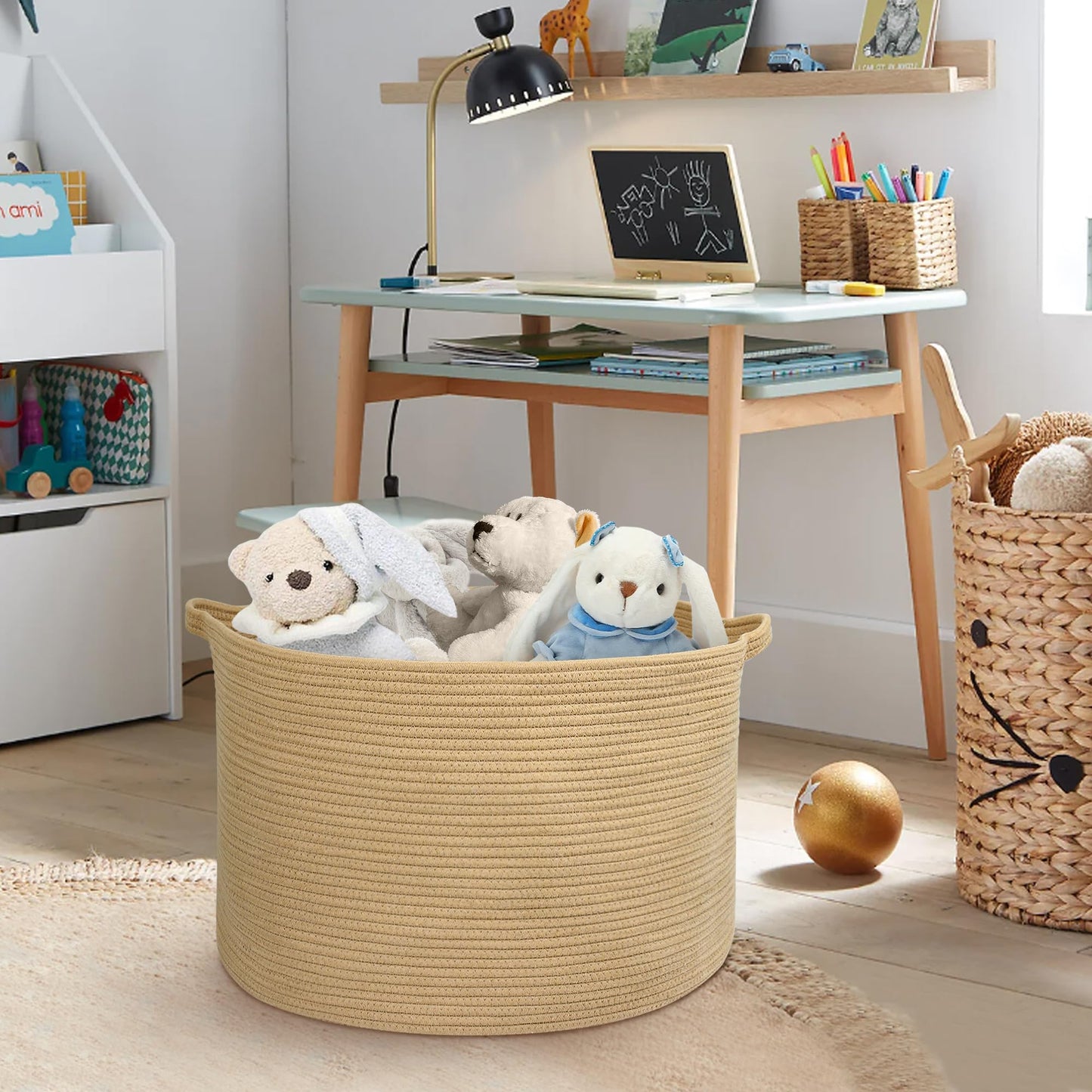 MEGASKET Cesta grande de almacenamiento de yute de 55.88 x 55.88 x 35.56 cm, cesta de almacenamiento de animales de peluche, cesta de cuerda de algodón suave con asa, almacenamiento de mantas, cesta