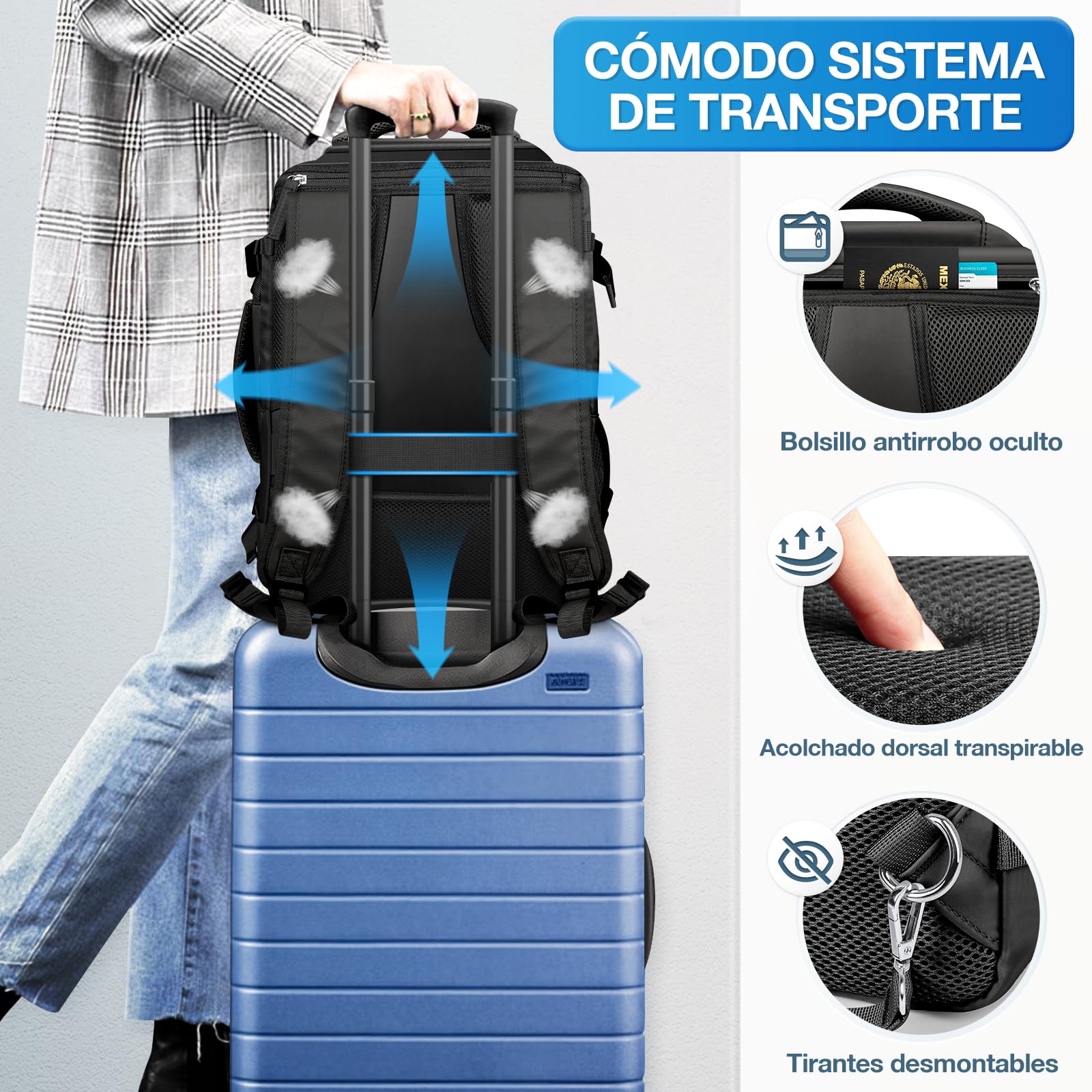 Mochila de Viaje Multifuncional Expandible Impermeable Gran Capacidad Negro