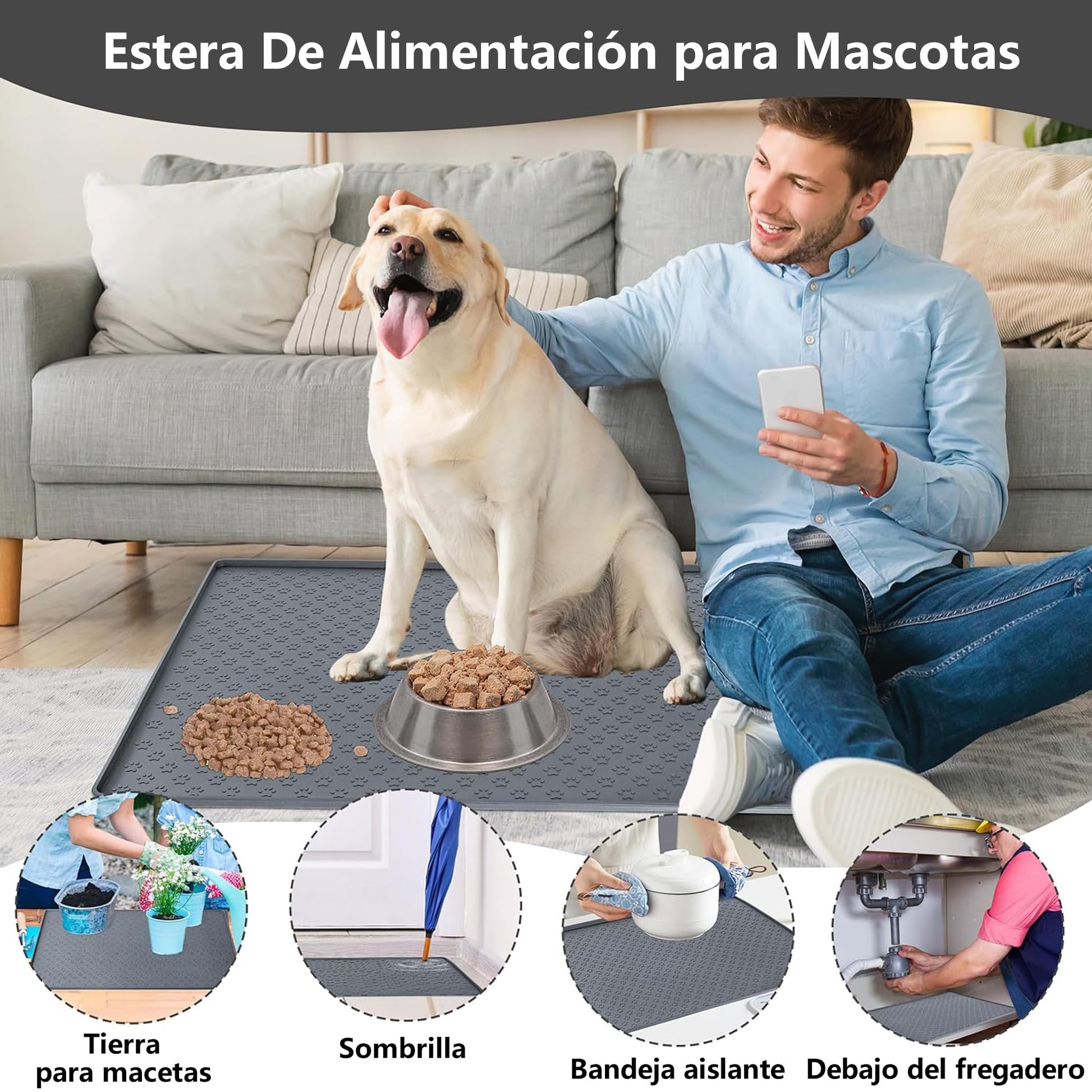 Tapete para Comida de Perro Sugarzoon Gris Silicona Impermeable Antideslizante 55x40 cm