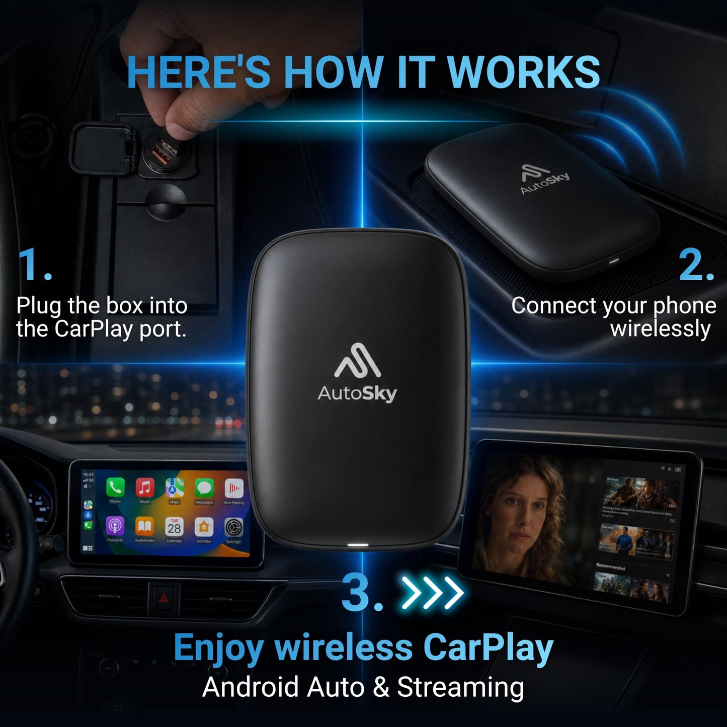 AutoSky AI Box Lite Air – Adaptador Inalámbrico para CarPlay de Fábrica – Transmite Medios Personales y Aplicaciones en Línea a través de Hotspot de Teléfono – Rendimiento Rápido Plug & Play