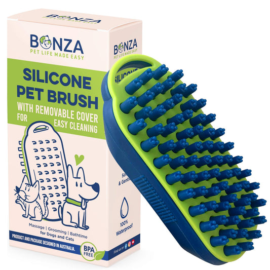 Bonza - cepillo para polvo de masaje para perros y gatos, cepillo para polvo de baño para perros con visualización extraíble, cerdas de silicona suave para un aseo suave para mascotas, peine de curry para lavado, cepillado para mascotas de pelo corto, med