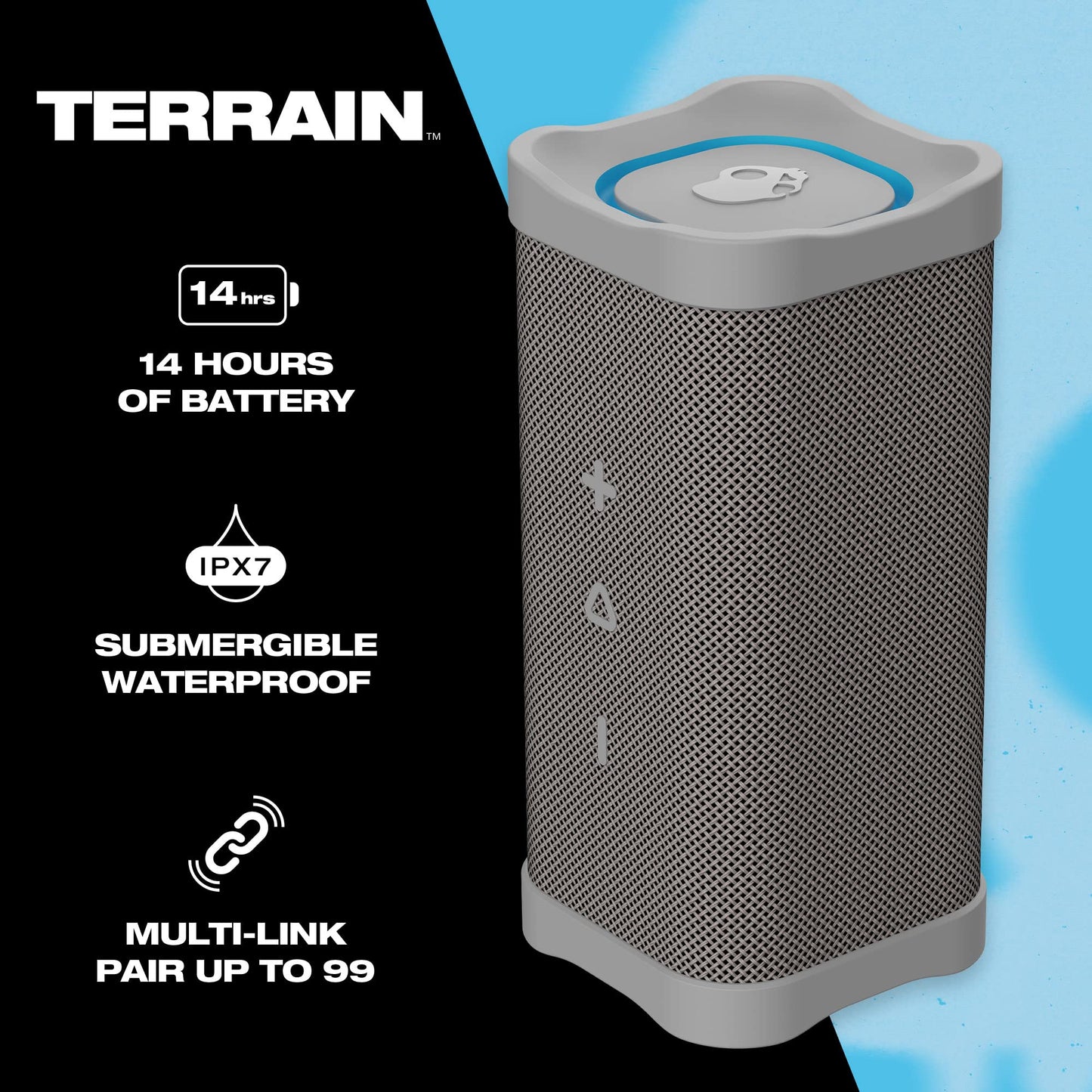 Skullcandy Terrain - Altavoz inalámbrico Bluetooth IPX7 Impermeable con radiadores pasivos duales Personalizados, batería de 14 Horas, muñequera de Nailon y estéreo inalámbrico Verdadero