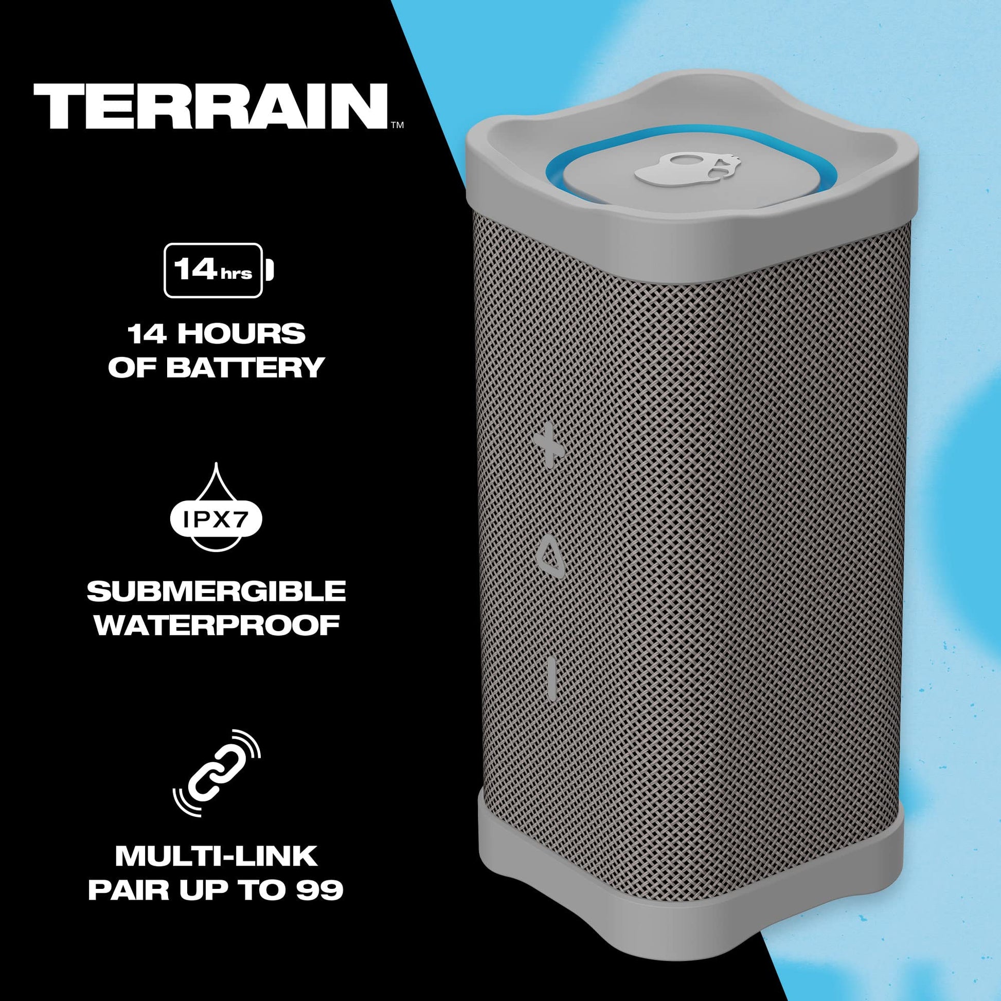 Skullcandy Terrain - Altavoz inalámbrico Bluetooth IPX7 Impermeable con radiadores pasivos duales Personalizados, batería de 14 Horas, muñequera de Nailon y estéreo inalámbrico Verdadero