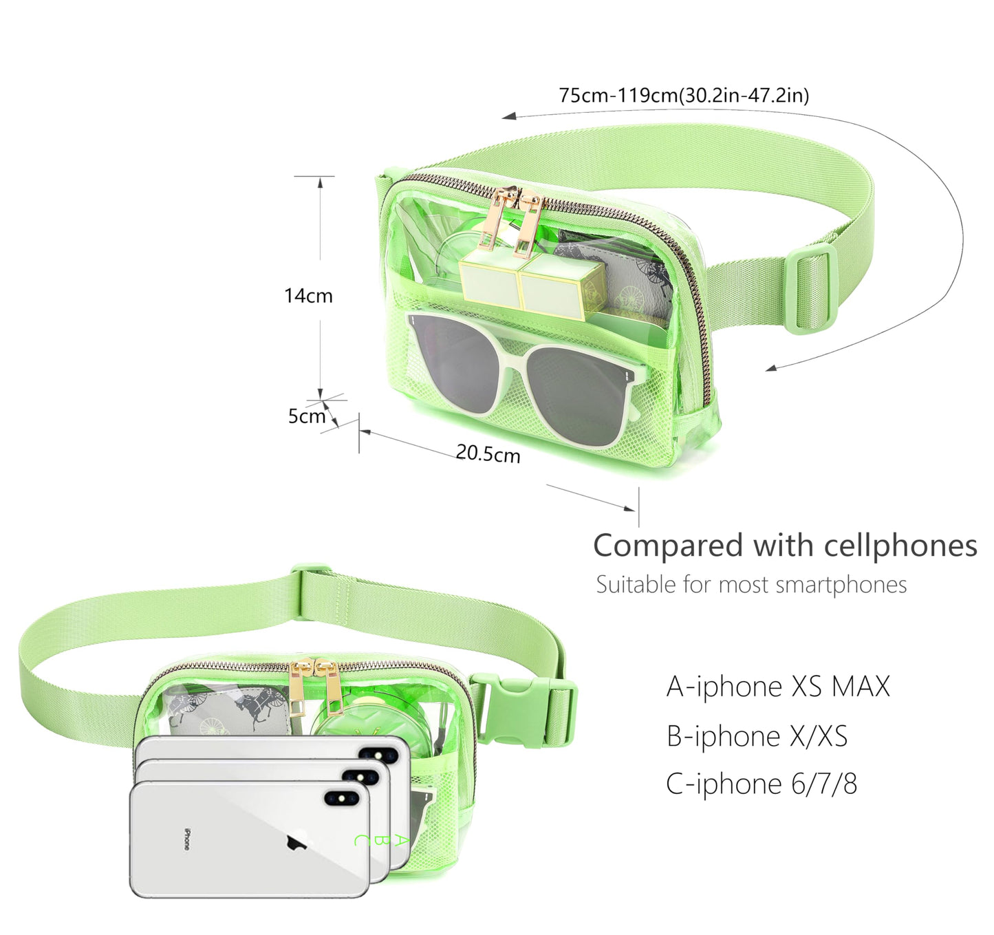 Riñonera Transparente con Correa Ajustable Verde Brillante para Mujeres y Hombres