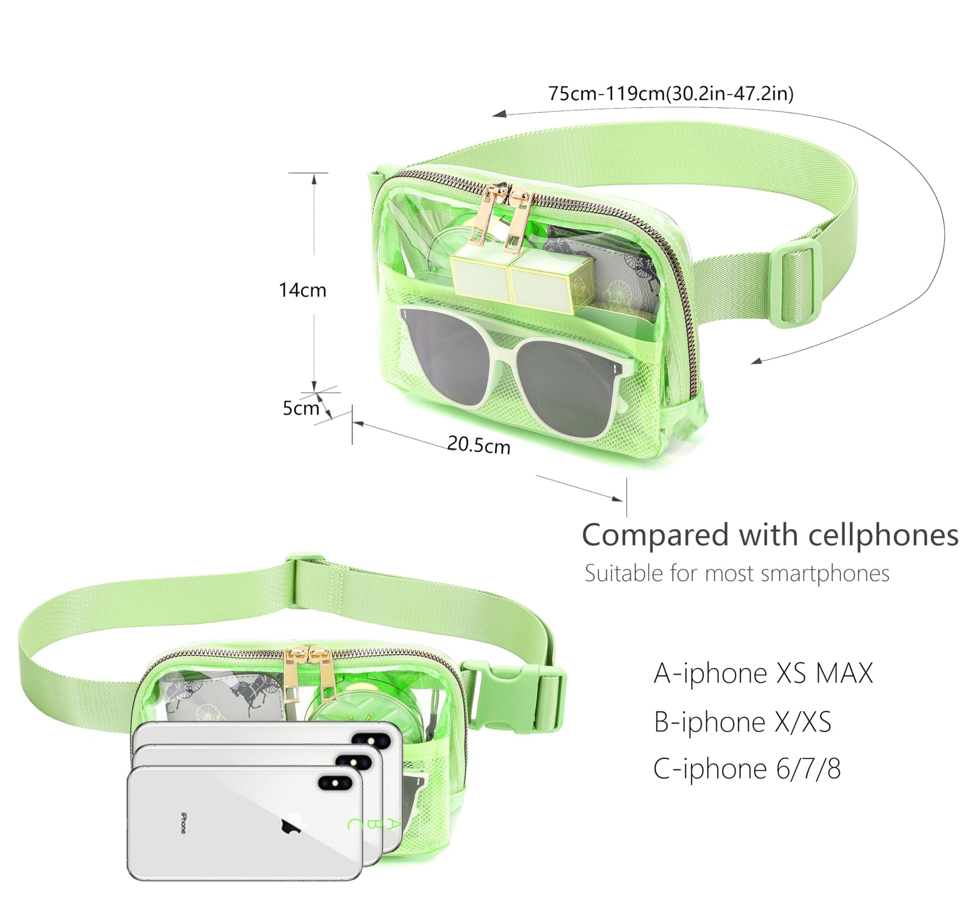 Riñonera Transparente con Correa Ajustable Verde Brillante para Mujeres y Hombres