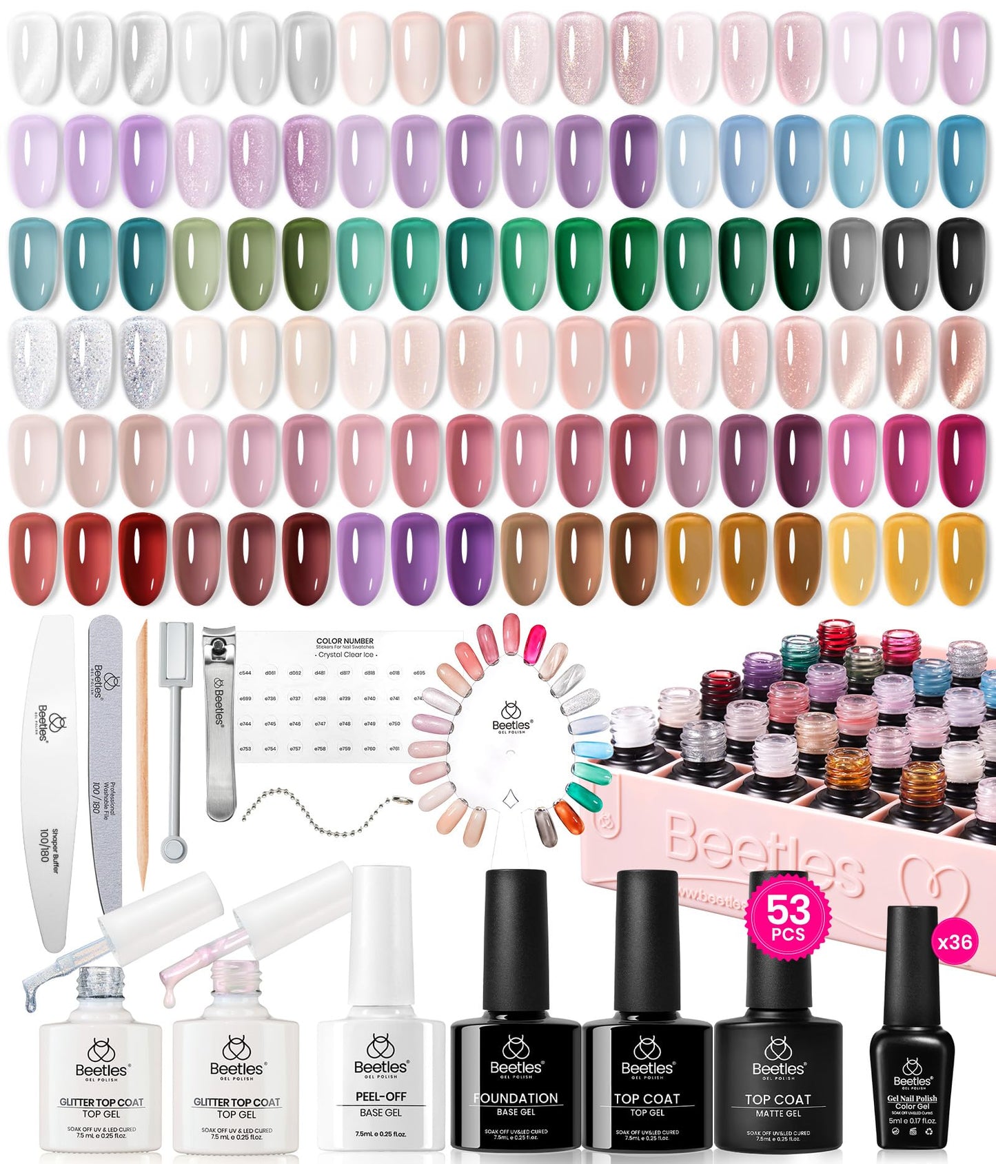 Beetles Set Esmalte en Gel Jelly 53 Piezas 36 Colores Uñas Semitransparentes Milky Cat Eye Glitter Base Top Coat Mate Brillo UV LED Manicura en Casa