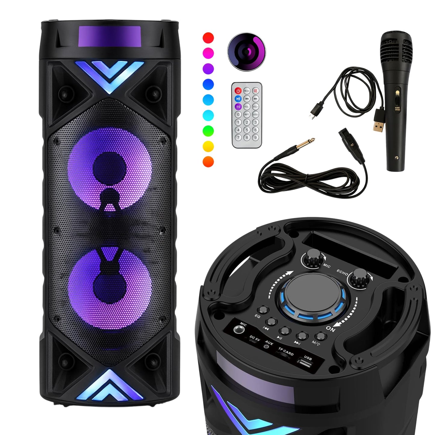 Bluelander Bocina Bluetooth Portátil 25W, Power Bass Dual 6.5, Altavoz con Micrófono, Karaoke, Luces LED, Radio FM, USB, AUX y TWS