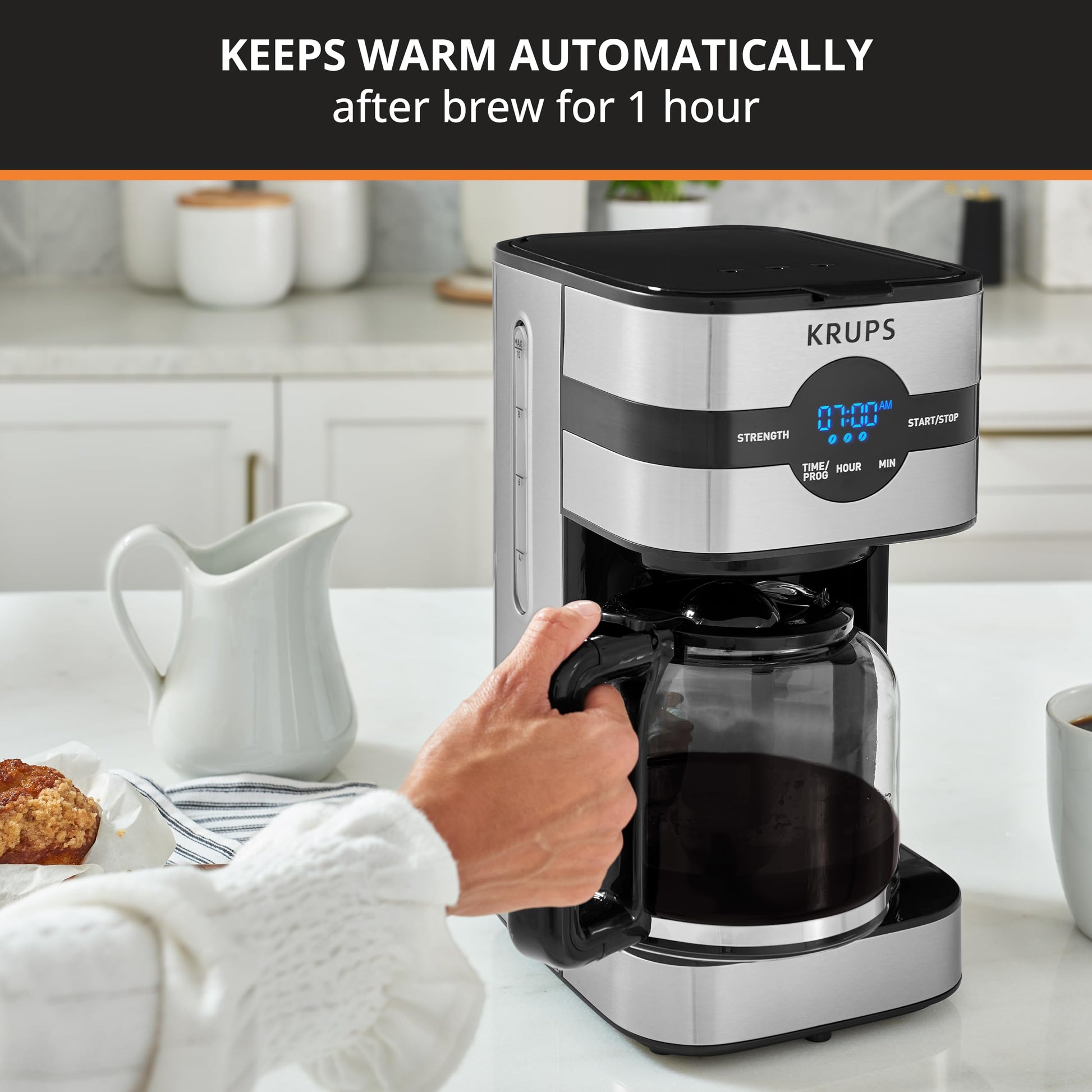 KRUPS Cafetera Simply Brew para 10 tazas de café con filtro permanente lavable con sistema antigoteo, función para mantener caliente el café. Incluye cuchara dosificadora KM205D50