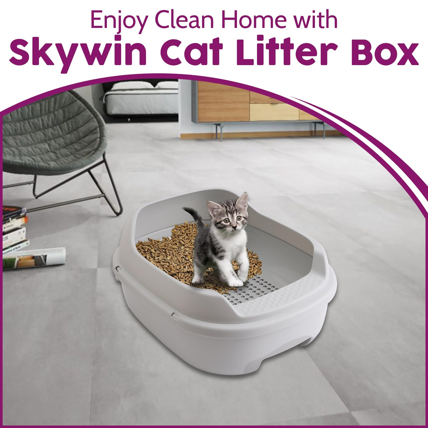 Caja de Arena para Gatos Skywin Gris con Sistema de Tamizado Eficiente