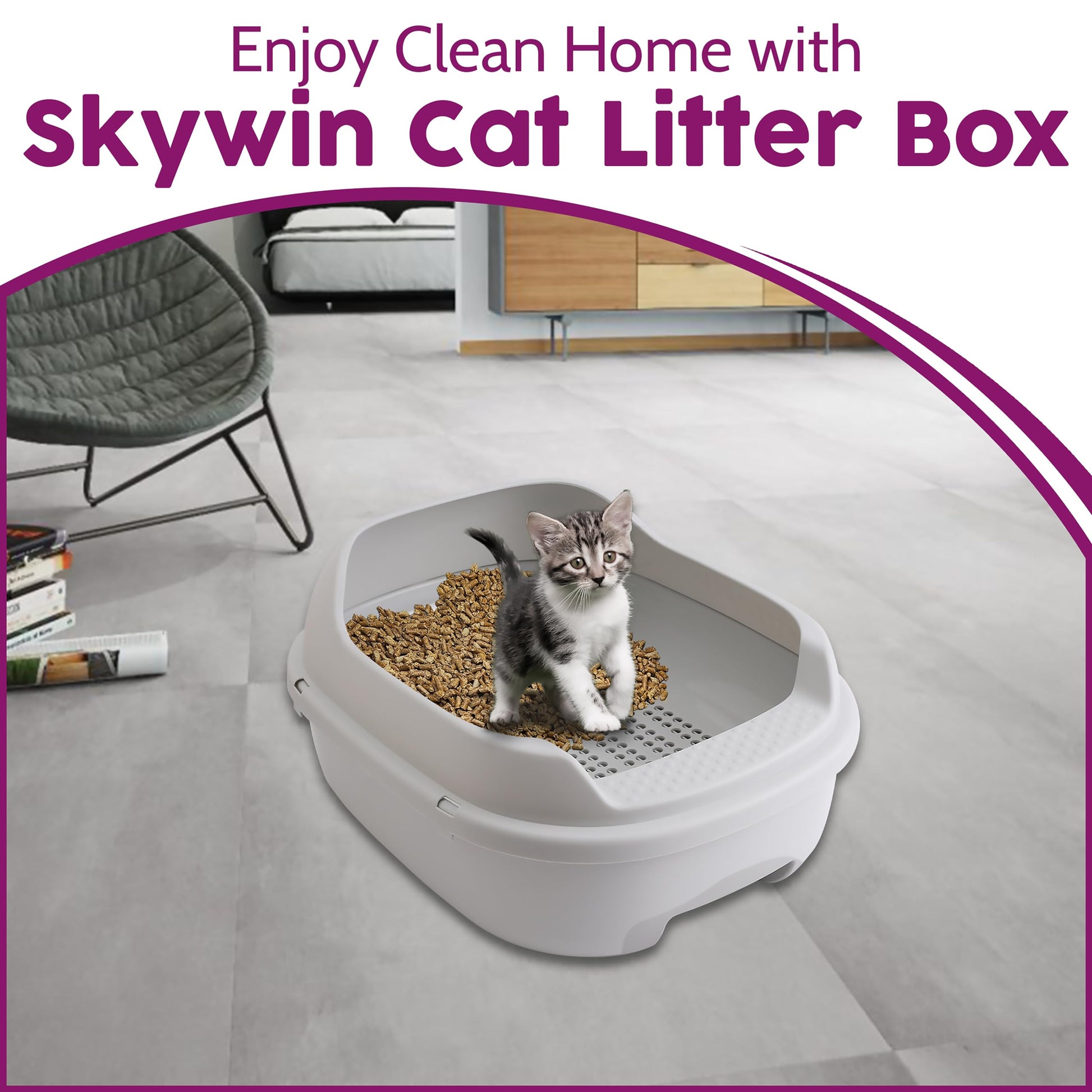 Caja de Arena para Gatos Skywin Gris con Sistema de Tamizado Eficiente