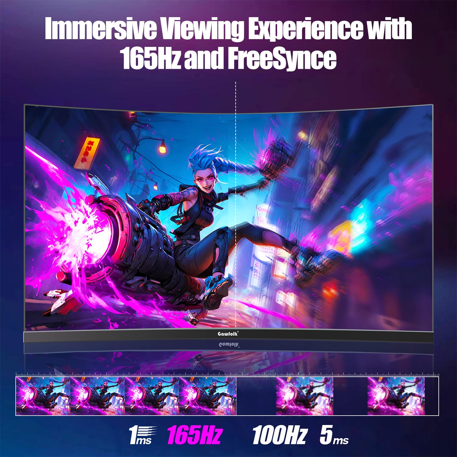 Gawfolk Monitor 27 Pulgadas Gaming Curvo 2K 165Hz, QHD 2560x1440p 144Hz de con AMD FreeSync, sin Parpadeo, HDMI 2.0, DP 1.4, Monitor de PC con Pantalla ultradelgada sin Marco 1800R