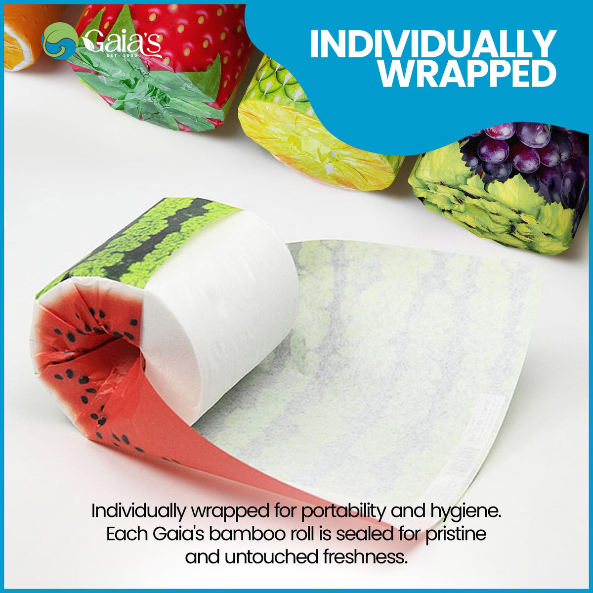 Papel Higiénico Gaias Bambú Orgánico Frutas Alta Calidad 12 Mega Rollos Respetuoso con el Medio Ambiente