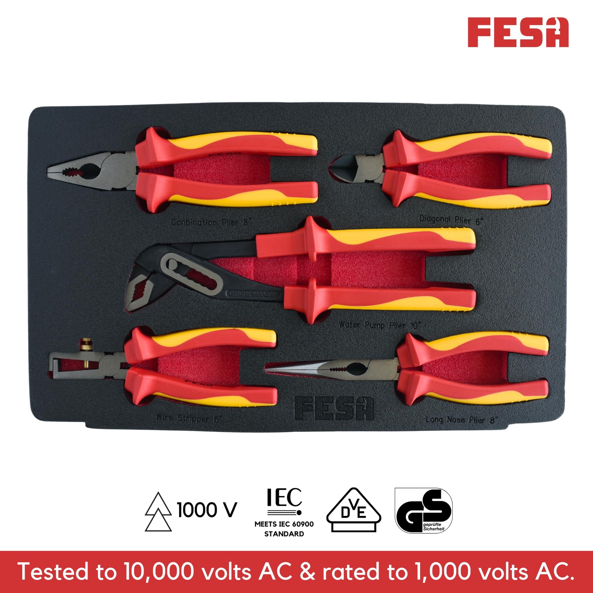 FESA - Juego de alicates aislados para electricista profesional, 1000 V, 5 piezas, con mordazas de cromo vanadio (CR-V) y asas de tracción de agarre suave, herramientas aisladas de 1000 V para
