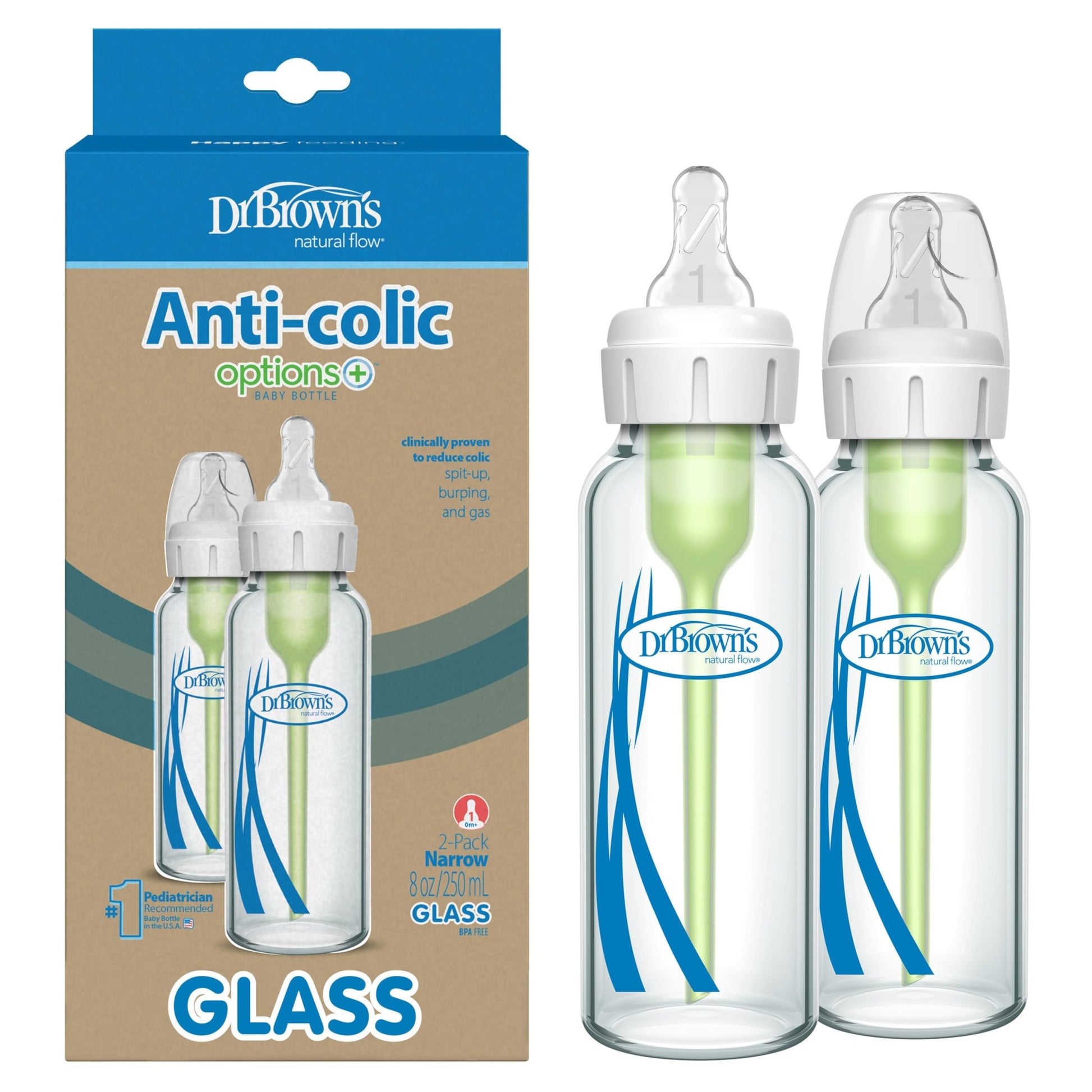 Dr. Brown's Natural Flow Options Plus Narrow Glass Baby Bottle, 8 Ounce (Pack of 2)