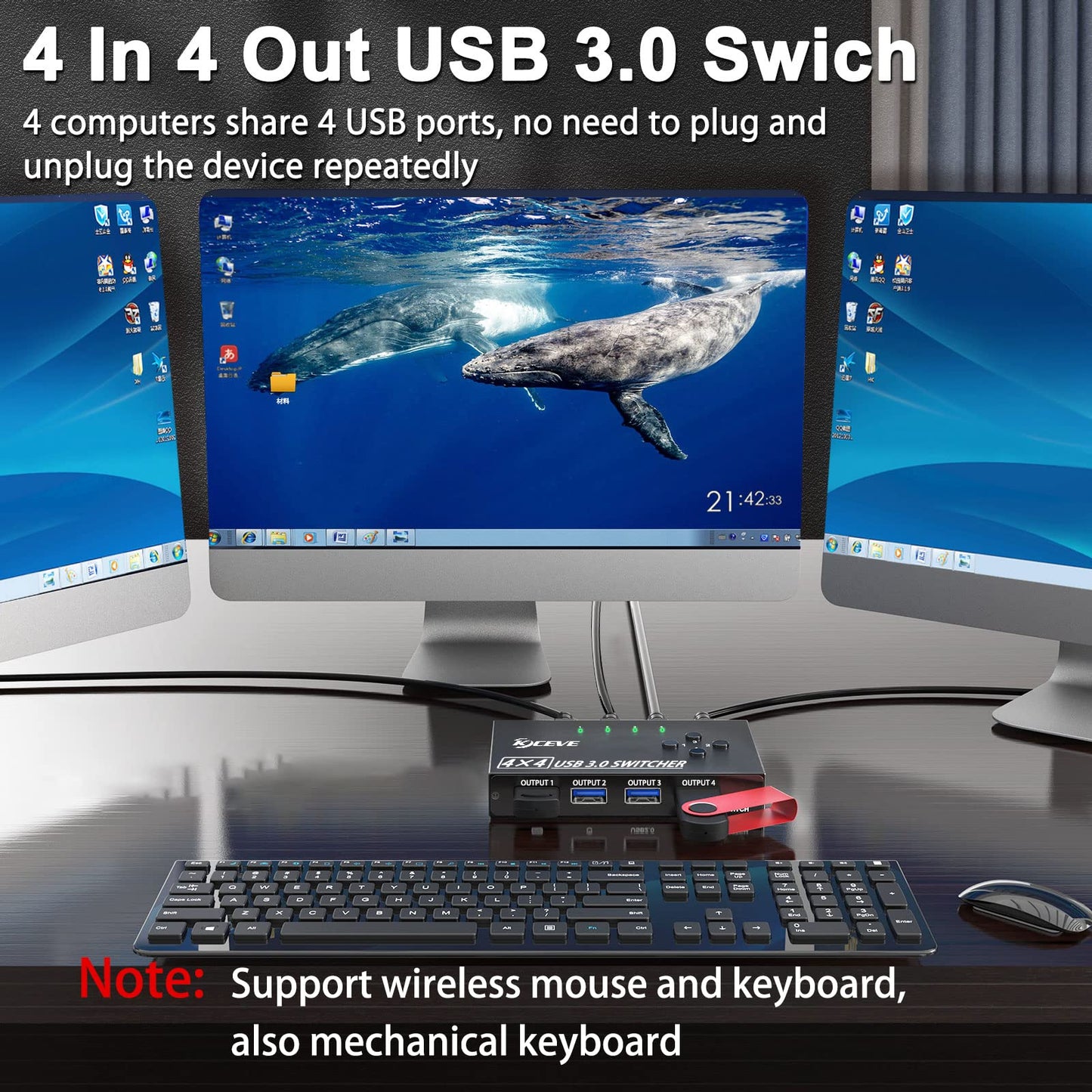 Interruptor USB 3.0, conmutador USB 4 computadoras que comparten 4 dispositivos USB, conmutador periférico USB para teclado, mouse, impresora, escáner, con botón remoto con cable y 4 cables USB 3.0