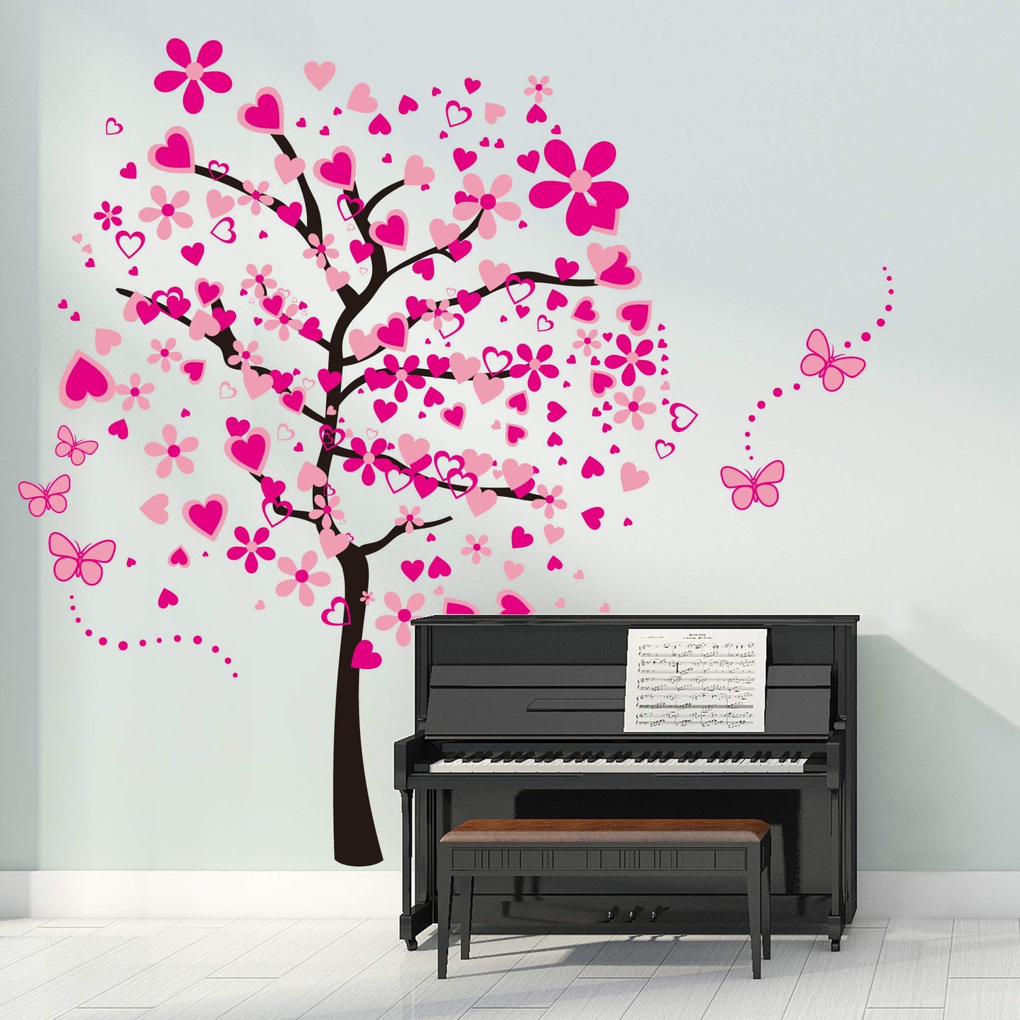 LiveGallery Adhesivos de pared extraíbles enormes de corazón rosa con flores de dibujos animados, mariposas rojas, calcomanías de pared de árbol, decoración de arte para casa, habitación de niñas