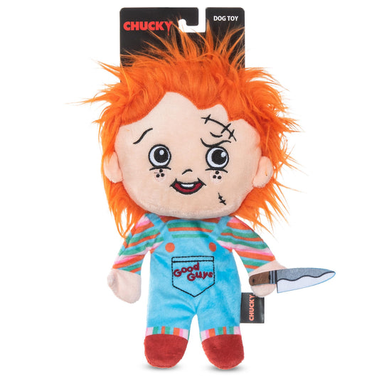 CHUCKY - Juguete de peluche de 9 pulgadas para perros con cuerpo plano | Juguete chirriante para perros de tamaño mediano, juguete masticable para perros con chirriador | Juguetes de película de