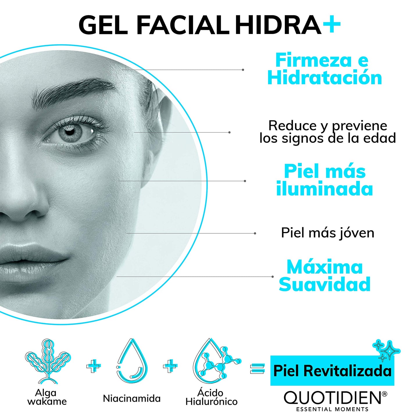 Gel Hidratante Facial con Ácido Hialurónico + Niacinamida + Alga Wakame | 97% Ingredientes Naturales | Hidratación Extrema | Suavidad | Aumenta la Luminosidad Natural de tu Piel | Oil-Free | Ideal Para Todo Tipo de Piel | Crema Hidratante facial de rápida