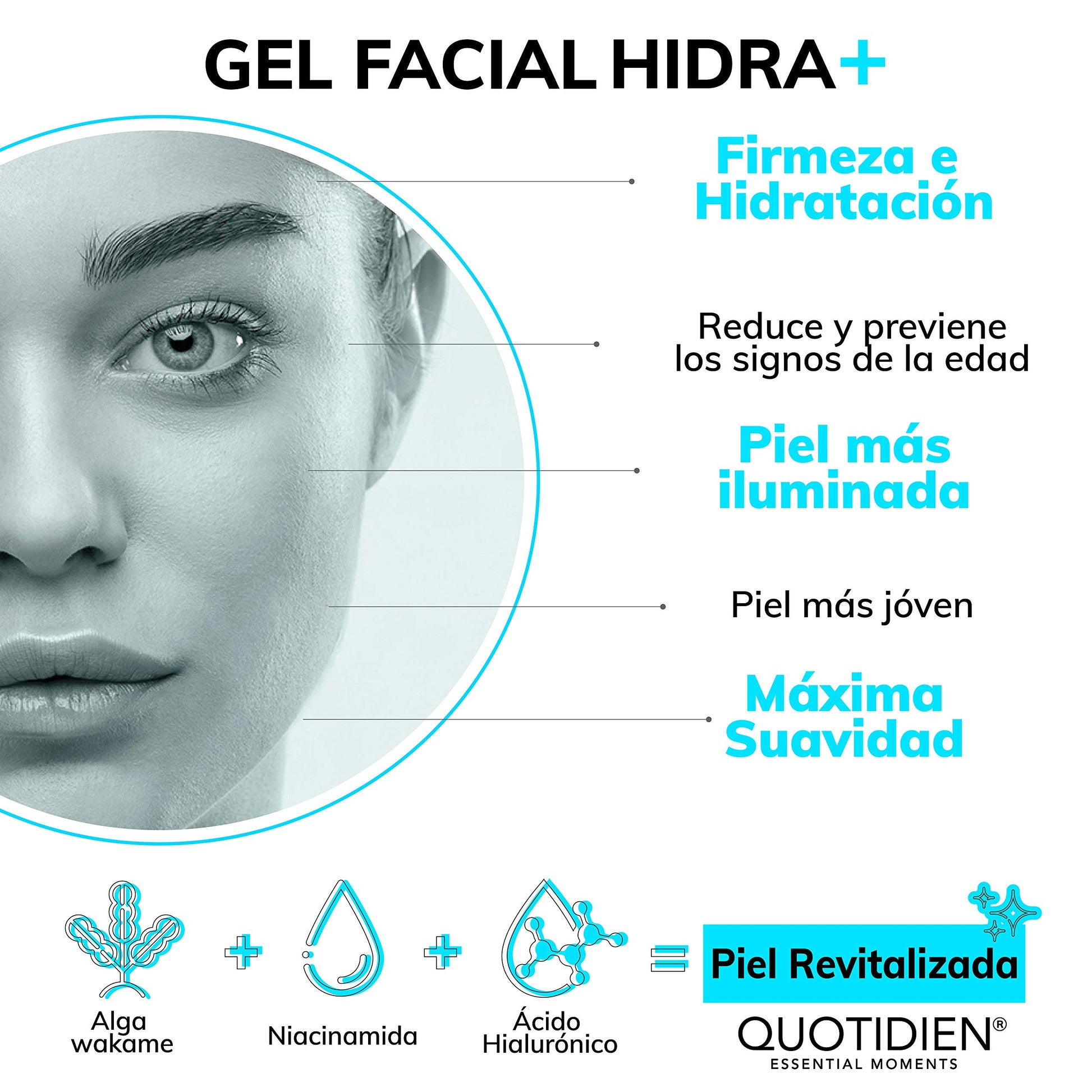 Gel Hidratante Facial con Ácido Hialurónico + Niacinamida + Alga Wakame | 97% Ingredientes Naturales | Hidratación Extrema | Suavidad | Aumenta la Luminosidad Natural de tu Piel | Oil-Free | Ideal Para Todo Tipo de Piel | Crema Hidratante facial de rápida