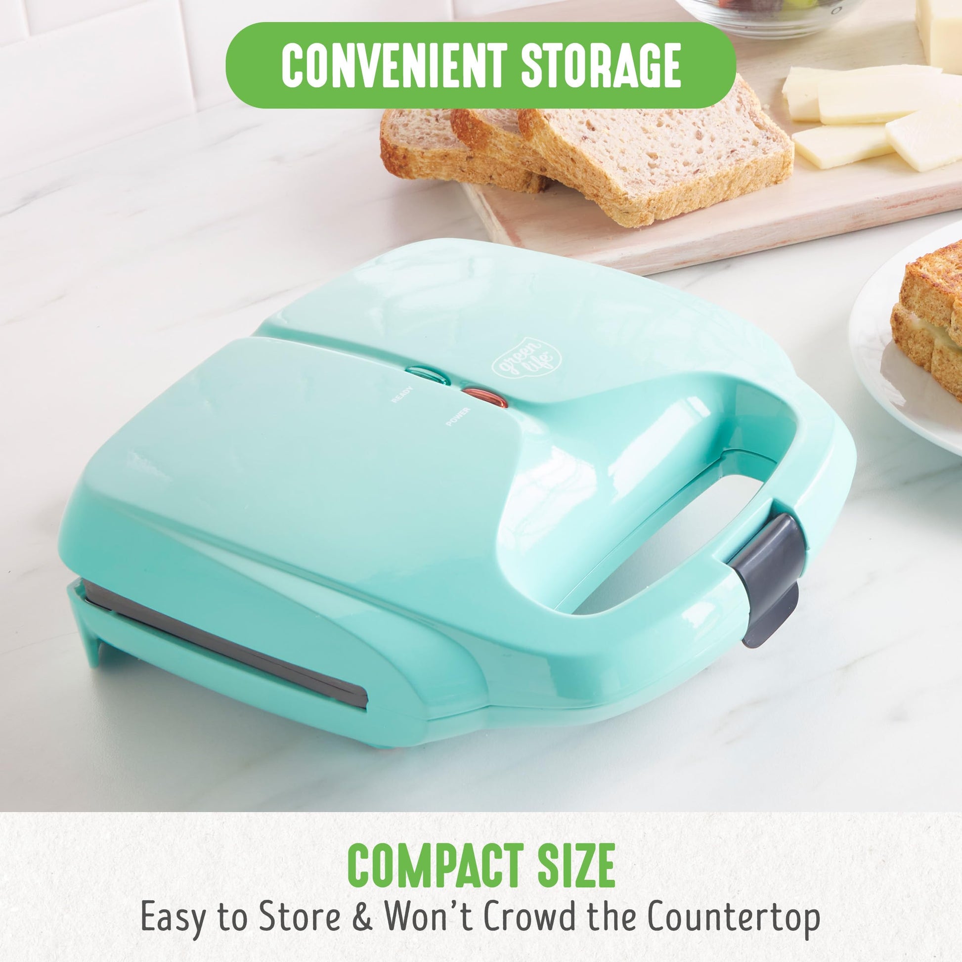 GreenLife Pro - Parrilla eléctrica Panini Press y sandwichera, placas antiadherentes de cerámica saludables, luz indicadora fácil, sin PFAS, turquesa