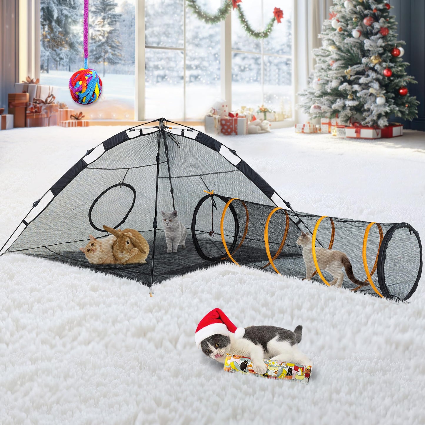 ITENT Tienda de campaña para gatos para interiores y exteriores (tienda de campaña para gatos al aire libre, túnel para gatos y casa de juegos), corral de juegos para gatos, conejos y animales pequeños..