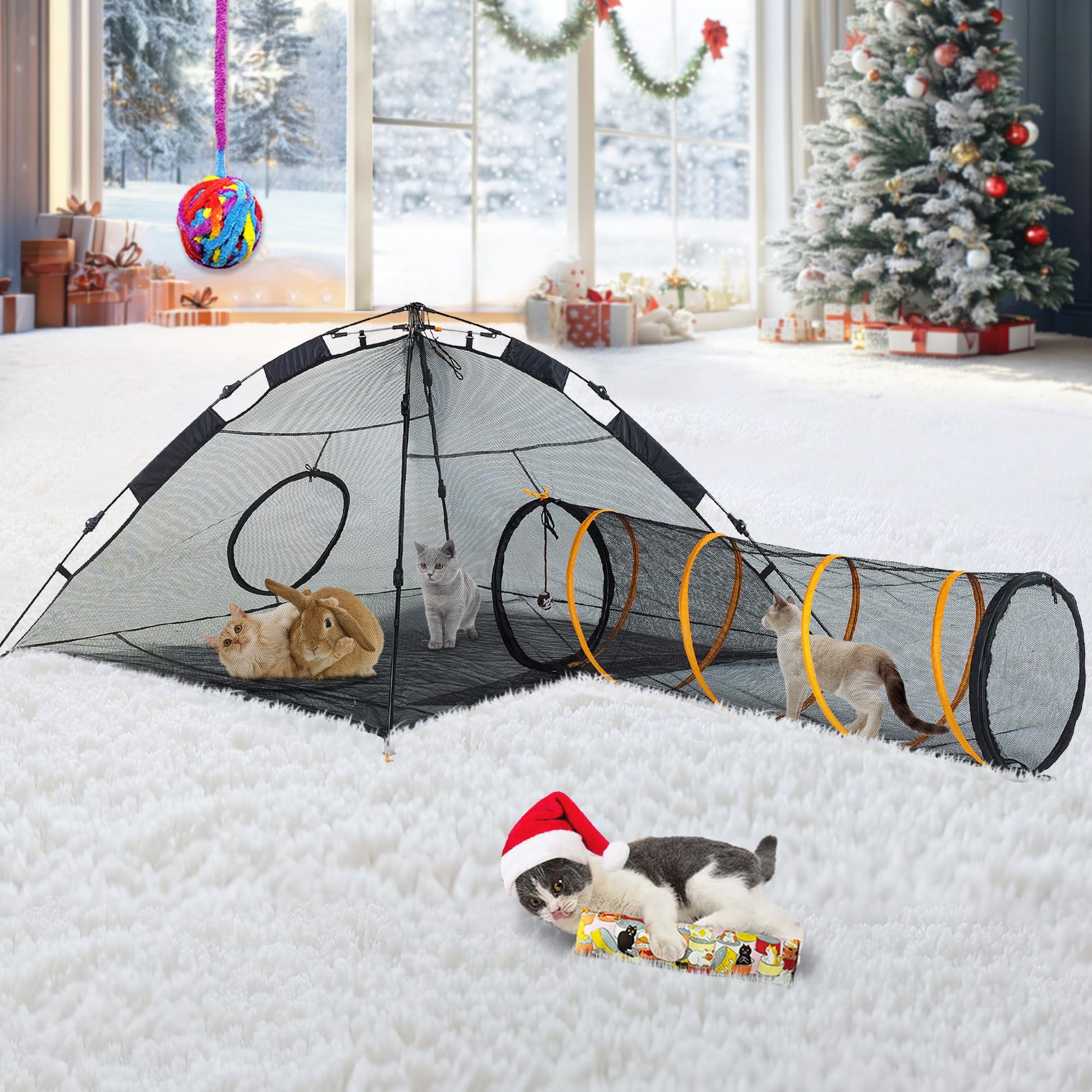 ITENT Tienda de campaña para gatos para interiores y exteriores (tienda de campaña para gatos al aire libre, túnel para gatos y casa de juegos), corral de juegos para gatos, conejos y animales pequeños..