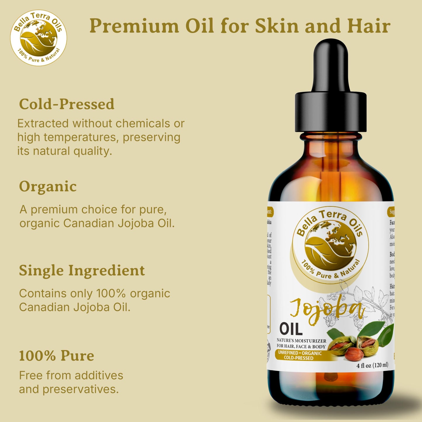 NEW Jojoba Oil. 4oz. Cold-pressed. Unrefined. Organic. 100% Pure. Anti-inflammatory. Hexane-free. Rejuvenates Skin. Softens Hair. Natural Moisturizer. For Hair, Skin, Nails, Beard, Stretch Marks.