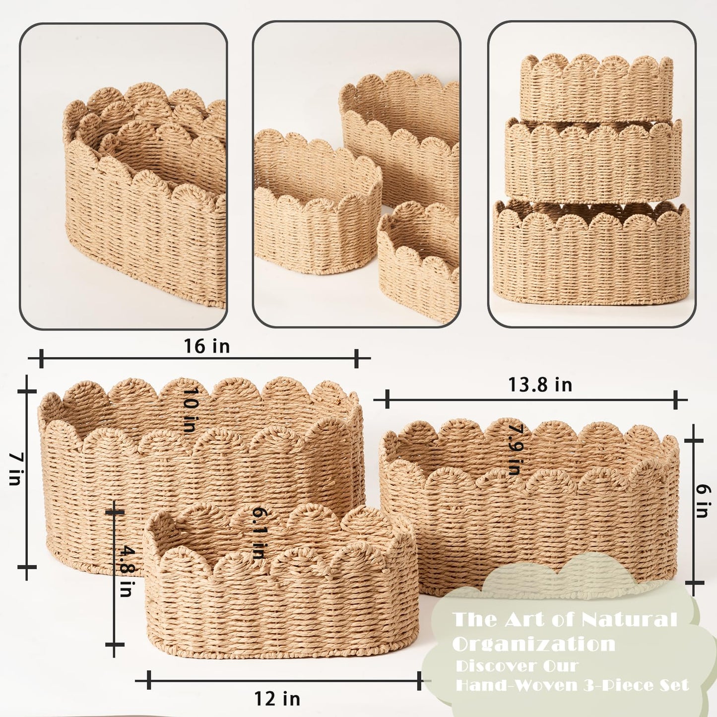 Juego de 3 cestas festoneadas de almacenamiento de mimbre, organizador de guardería de cuerda de papel tejida a mano para pañales, juguetes y estantes, natural (16 x 10 x 7 pulgadas)