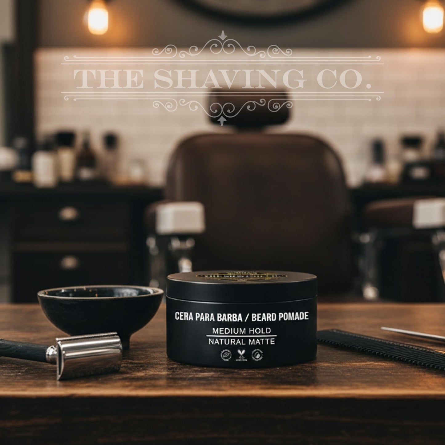 THE SHAVING CO CERA PARA BARBA - BEARD POMADE - Contiene VITAMINAS E y B5 - Pomada para barba base agua - MODELA - HIDRATA - NUTRE TU BARBA - Modela tu barba - FOLÍCULOS SANOS desde la raíz a la punta - Libre de Sulfatos - Cera Barba Suave 2oz / 57gr