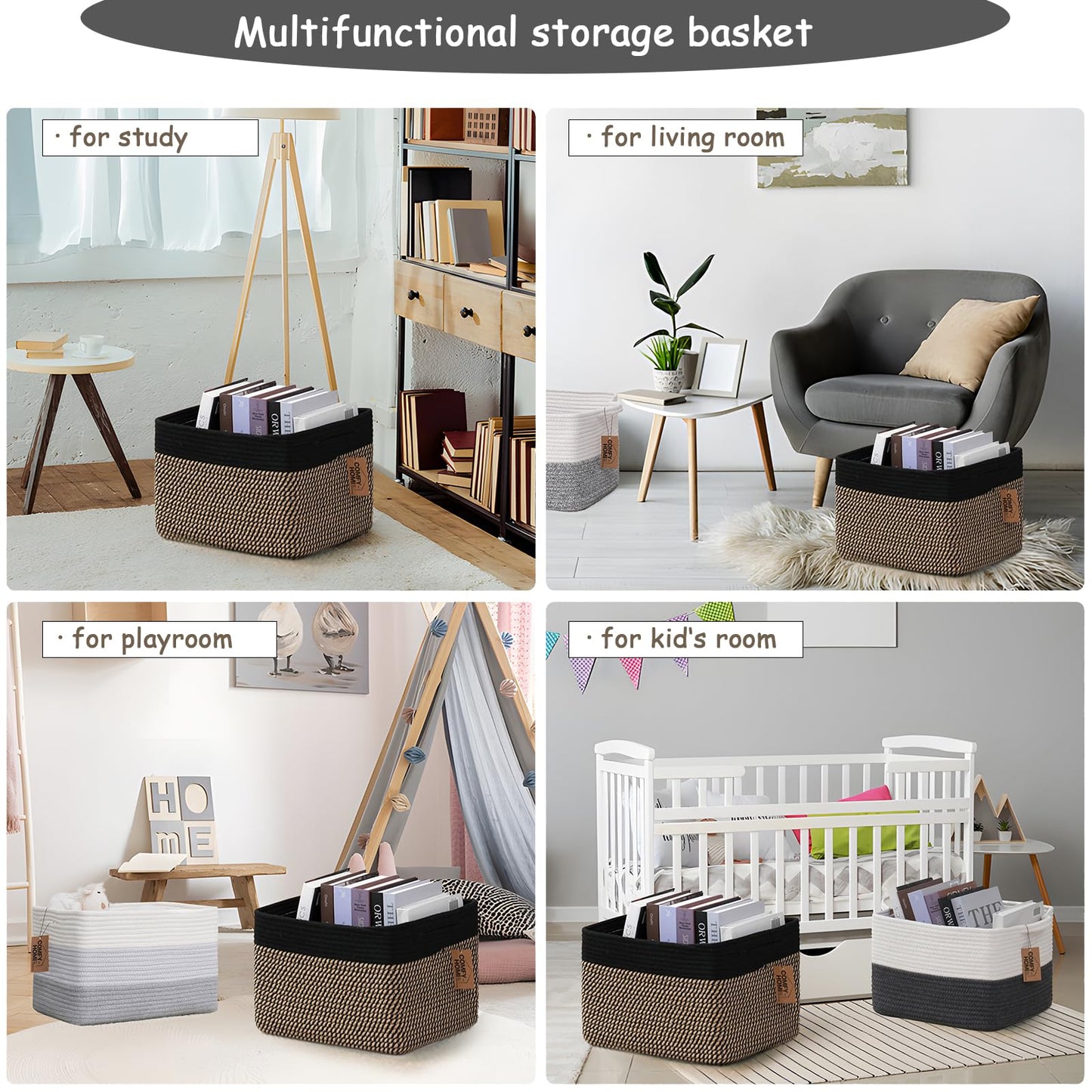 COMFY-HOMI Cesta tejida de cuerda de algodón con asas para estantes, juguetes, libros, cestas de almacenamiento de tela para organizar, organizador decorativo de juguetes de 13.5 x 11 x 9.5 pulgadas,