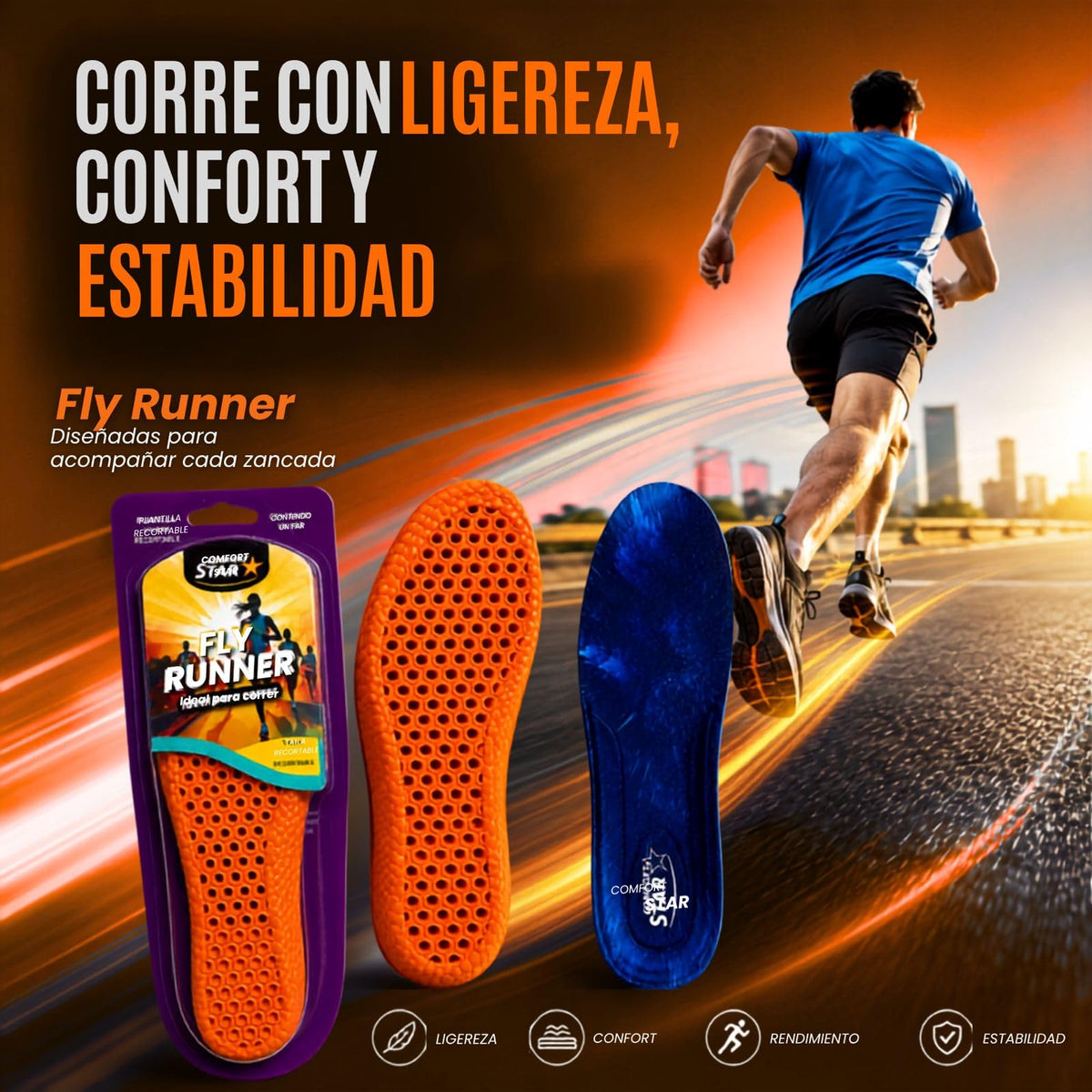 Plantilla Fly Runner Comfort Star Azul Ultraligero con absorción de impactos Tecnología de tracción para Mujeres y Hombres