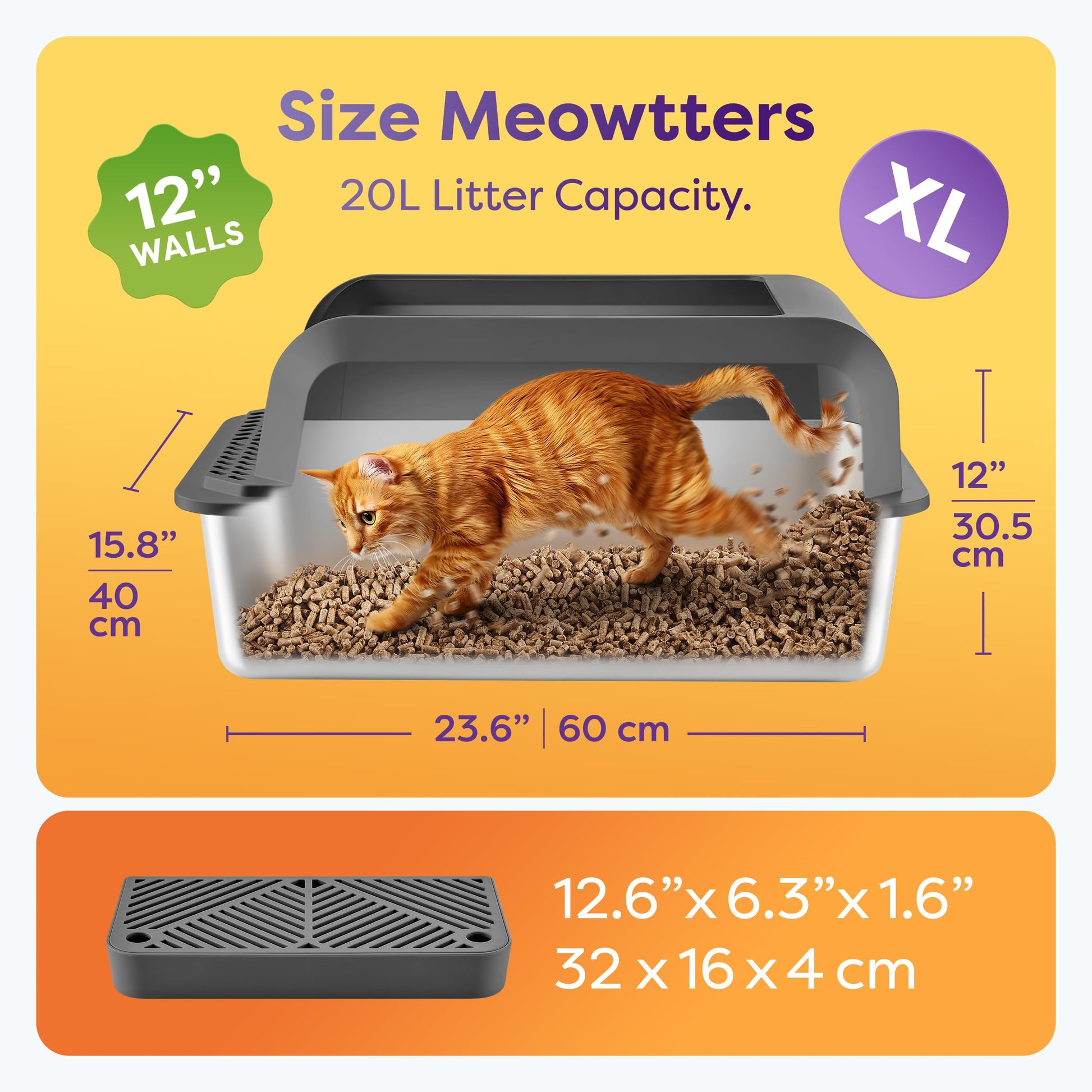 Caja de arena para gatos de acero inoxidable, extragrande