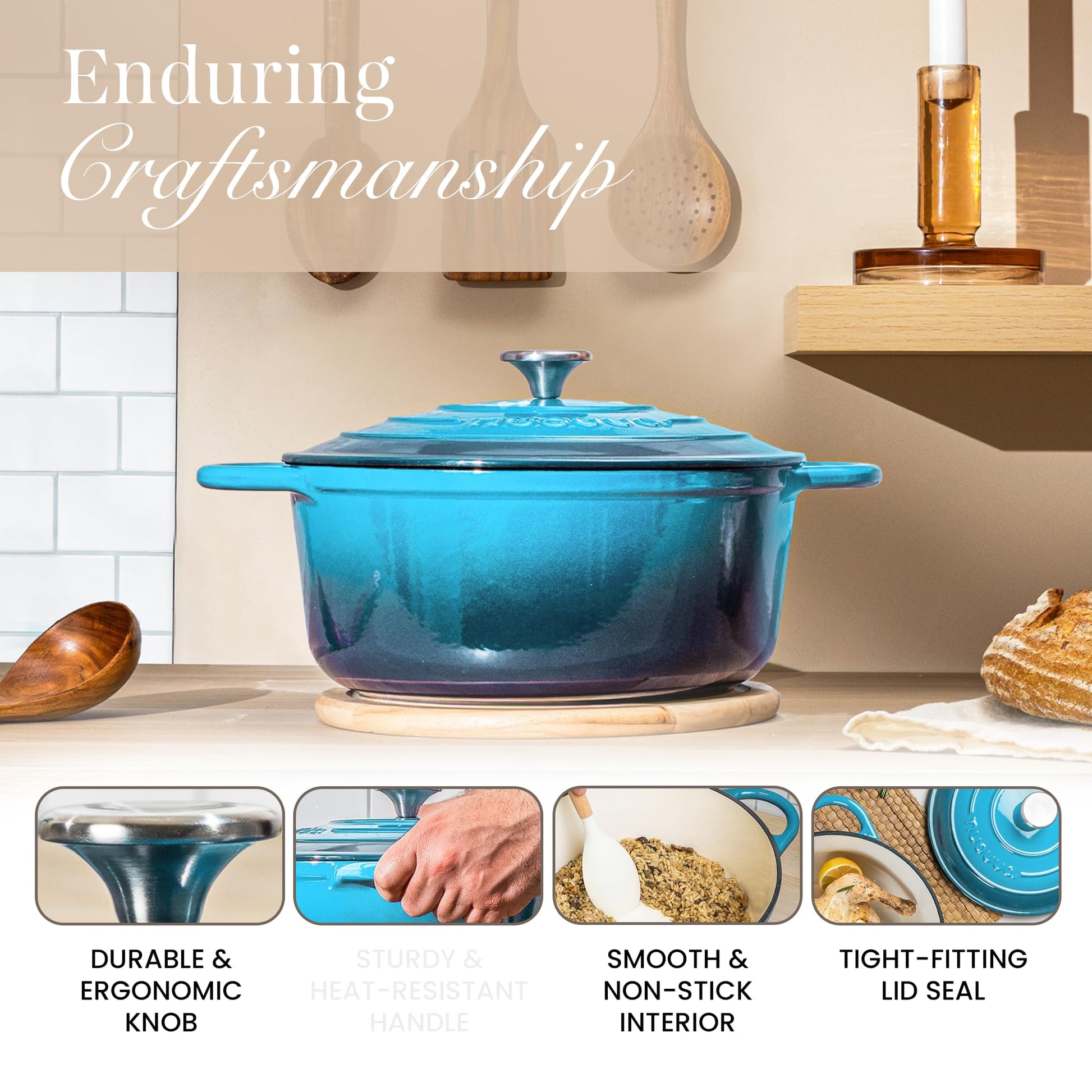 Nuovva - Horno holandés de hierro fundido con tapa - Cacerola esmaltada antiadherente - Utensilios de cocina resistente para horno holandés - Azul, 6.4 cuartos de galón, 28 cm