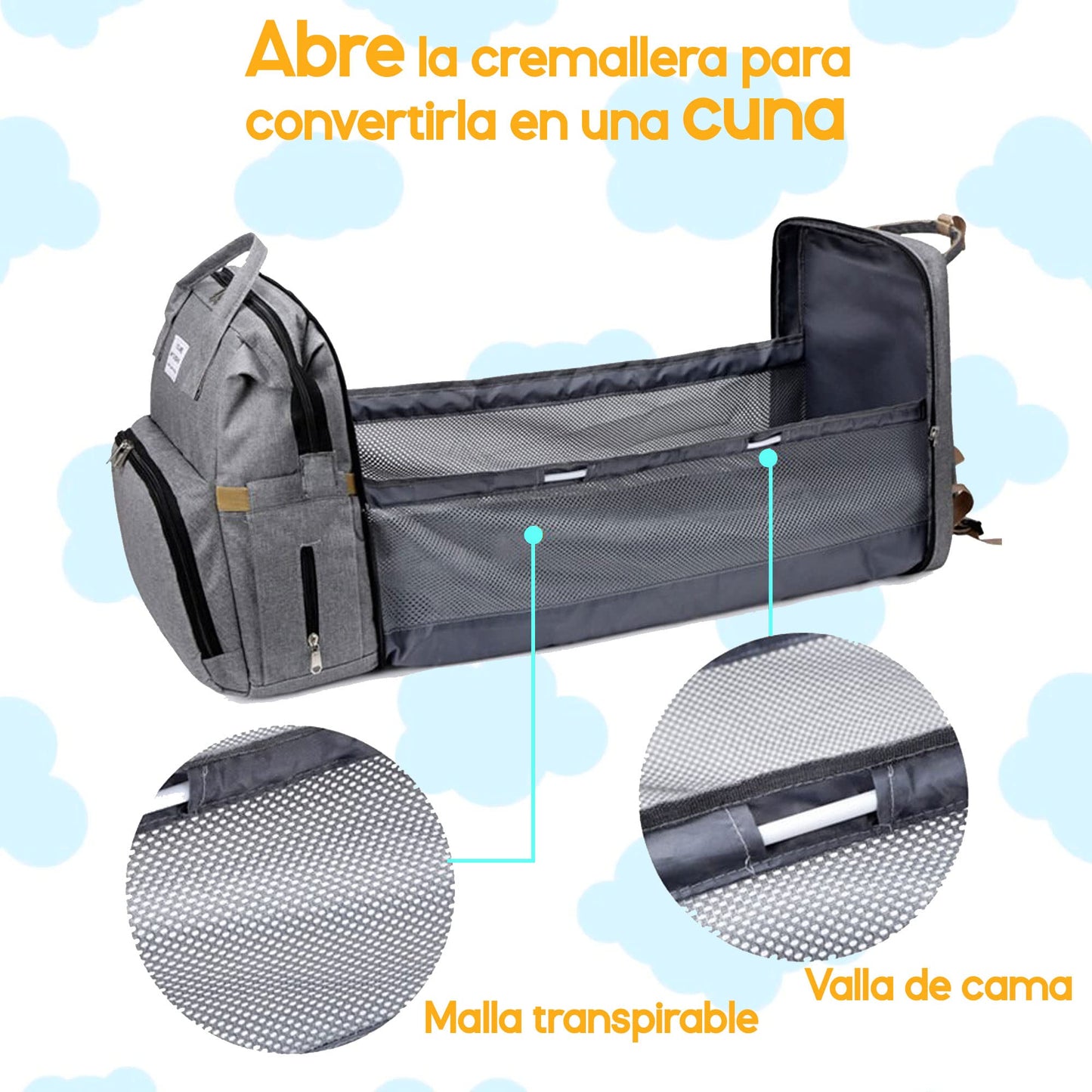 Zen Zen Pañalera Moderna Mochila Impermeable Térmica Con Puerto USB Funda Para Biberón Agujero Para Audífonos Diseño Antirrobo (Gris)