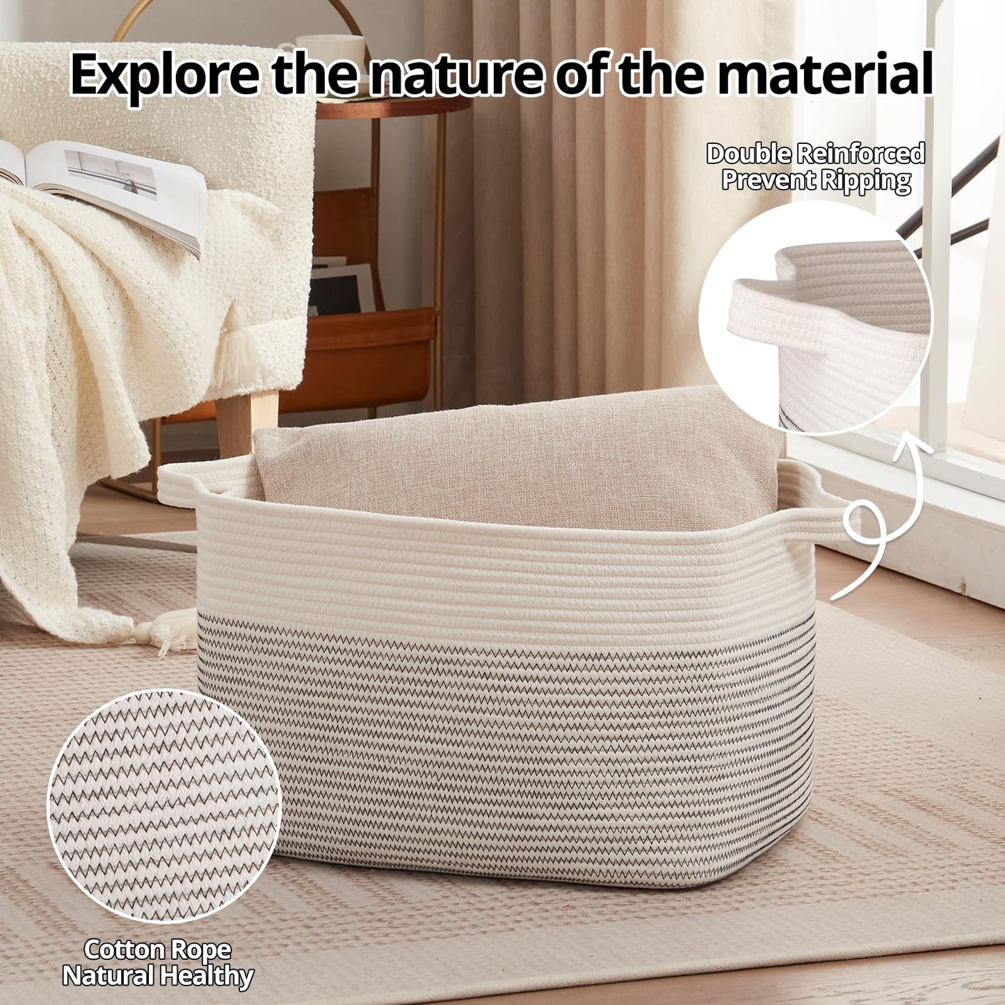 OIAHOMY - Cesta de manta tejida de cuerda de algodón de 75 litros, almacenamiento para sala de estar, 22 x 17 x 12 pulgadas, negro y blanco